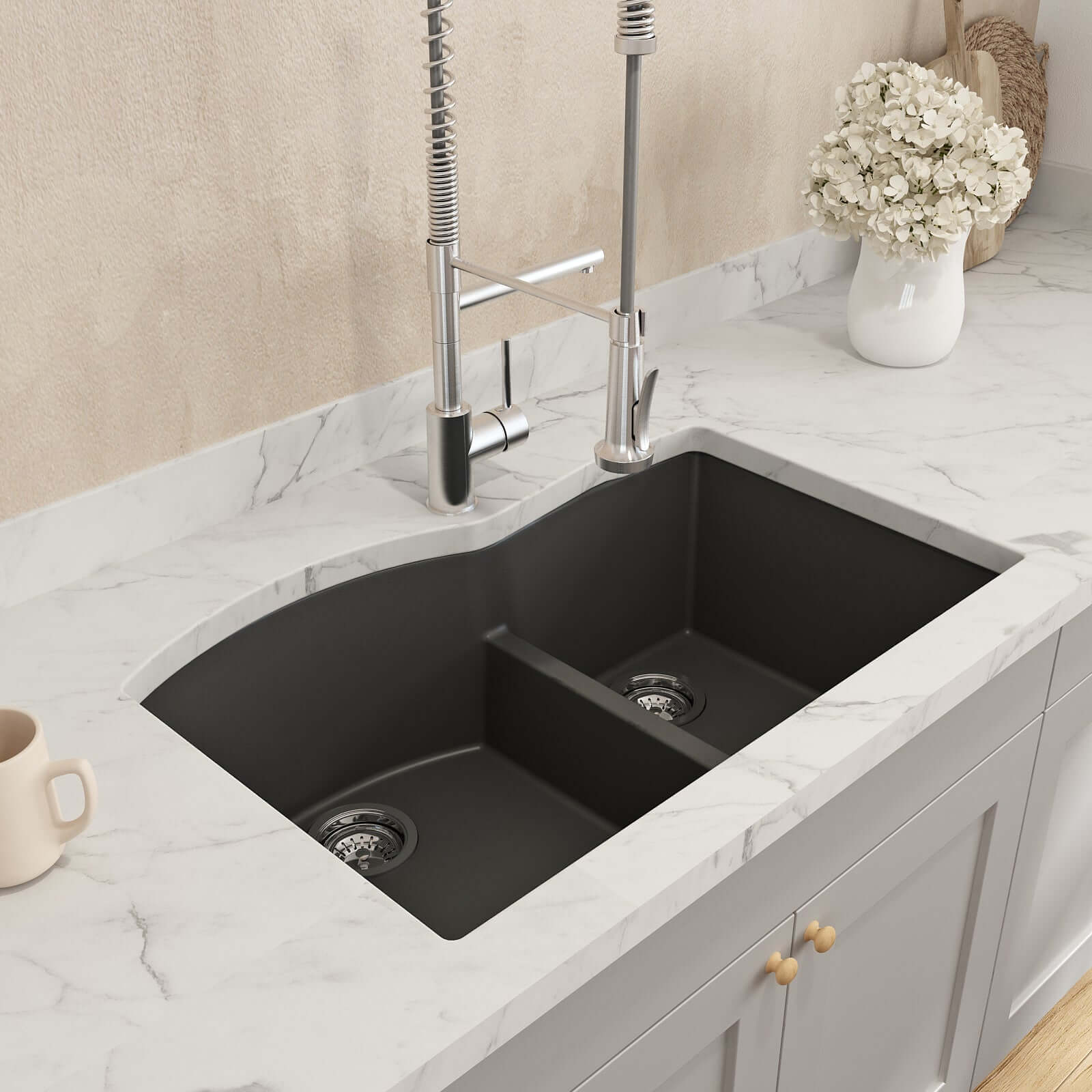 Alternate Image for BOCCHI Campino Duo 33" Dual Mount Composite Granite Kitchen Sink, 60/40 Double Bowl, Matte Black, 1602-504-0126