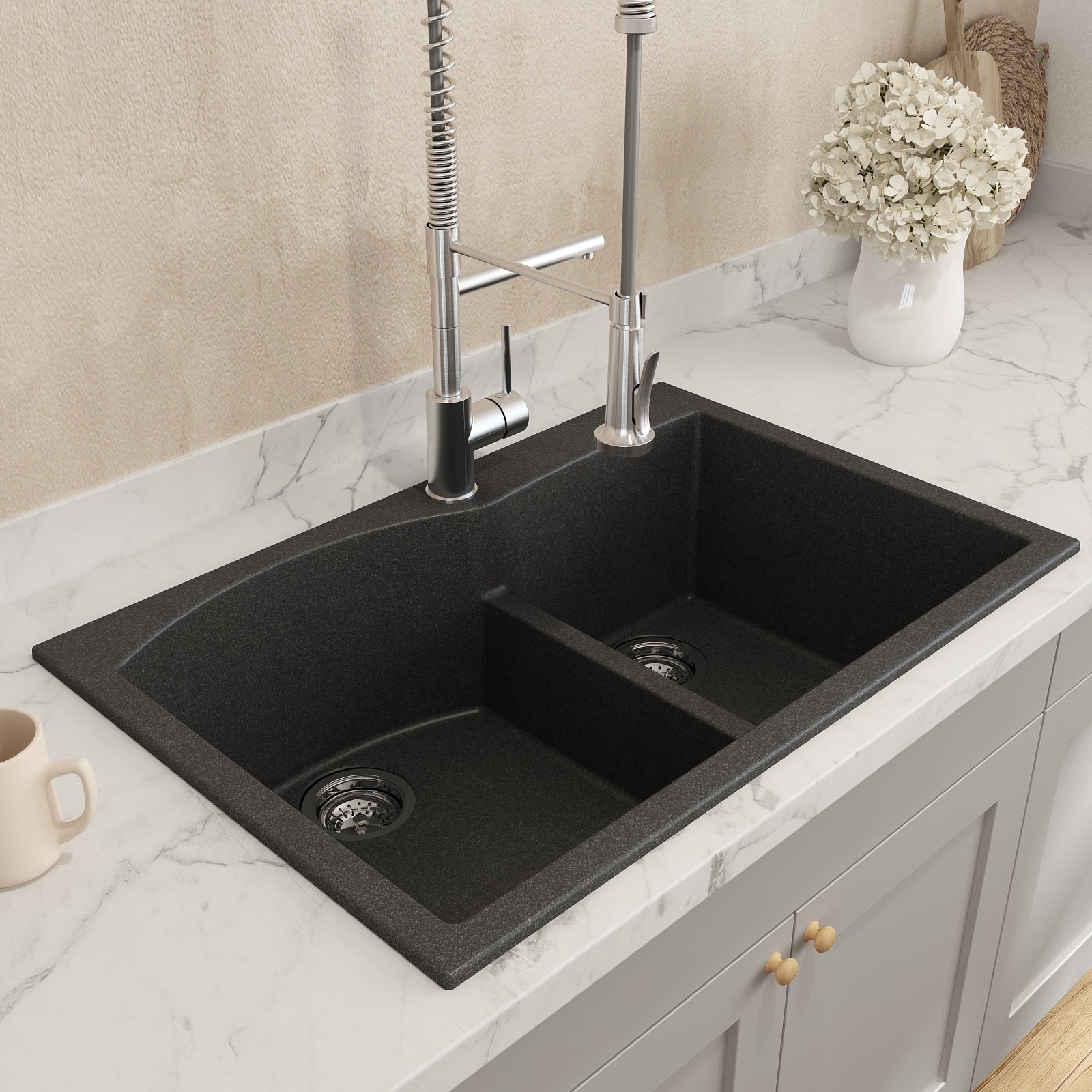 BOCCHI Campino Duo 33" Dual Mount Composite Granite Kitchen Sink, 60/40 Double Bowl, Metallic Black, 1602-505-0126
