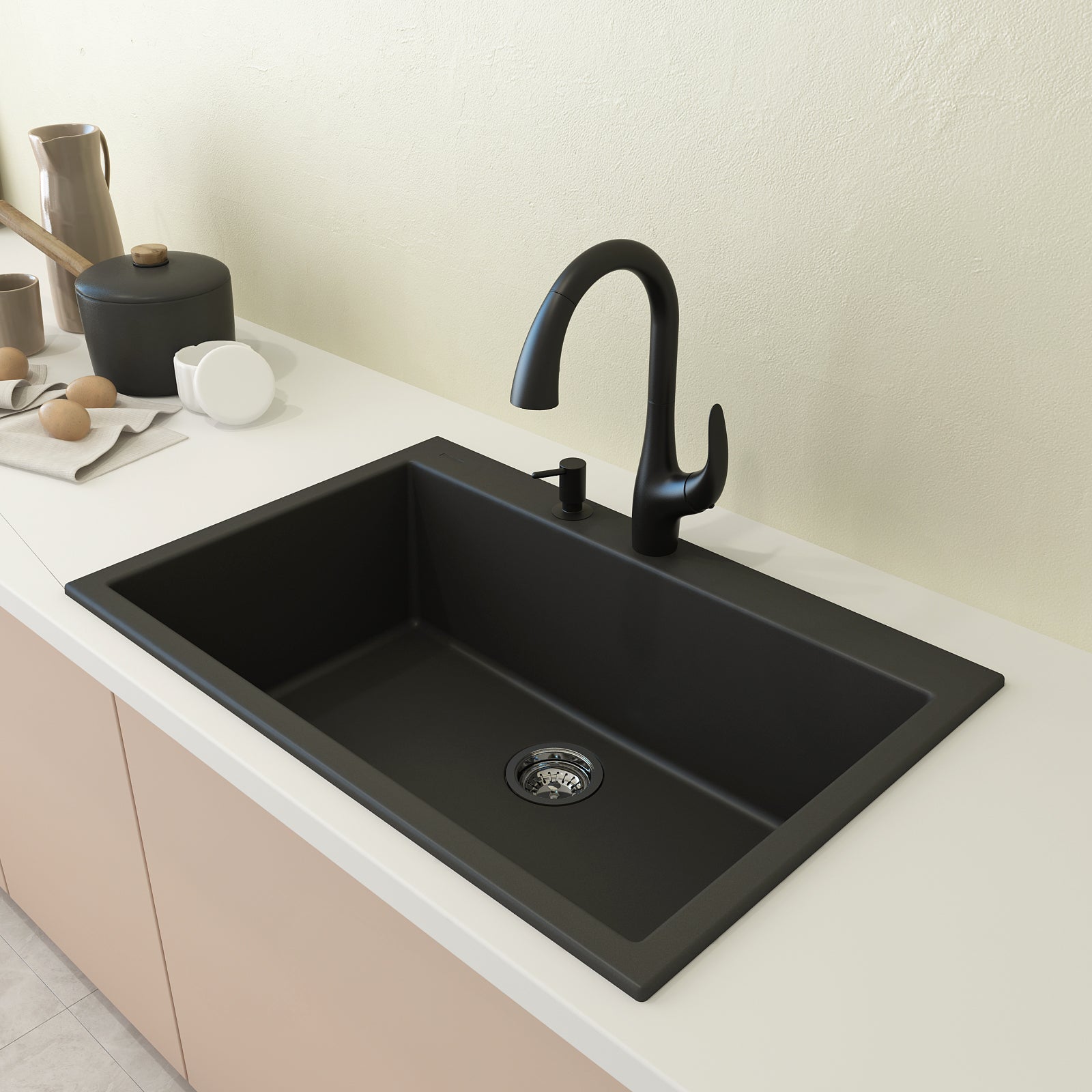 BOCCHI Levanzo 20 Dual-Mount Single Bowl Granite Composite Kitchen Sink with Drain Board, Matte Black