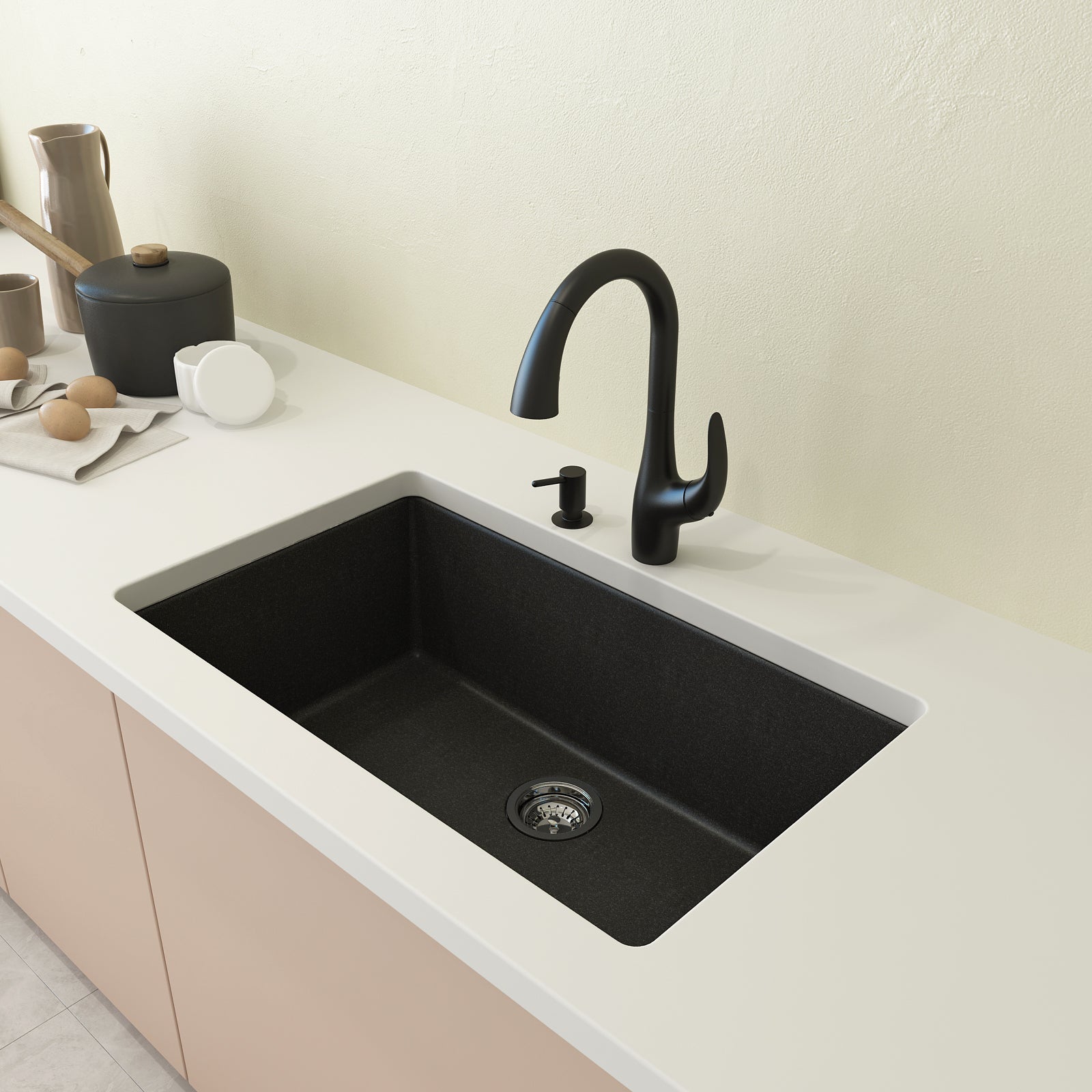 BOCCHI Campino Uno 33" Dual Mount Composite Granite Kitchen Sink, Metallic Black, 1604-505-0126