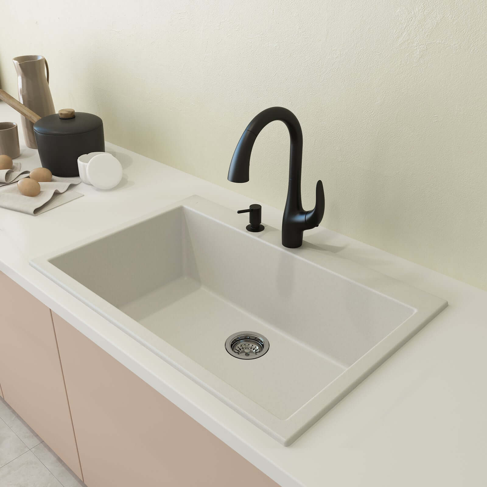 Alternate Image for BOCCHI Campino Uno 33" Dual Mount Granite Kitchen Sink Kit with Accessories, Milk White, 1604-507-0126