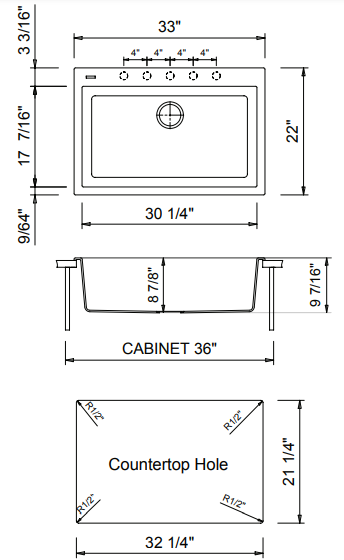 BOCCHI 33 Campino Uno Dual Mount Granite Single Bowl Kitchen Sink with Strainer, Matte Black