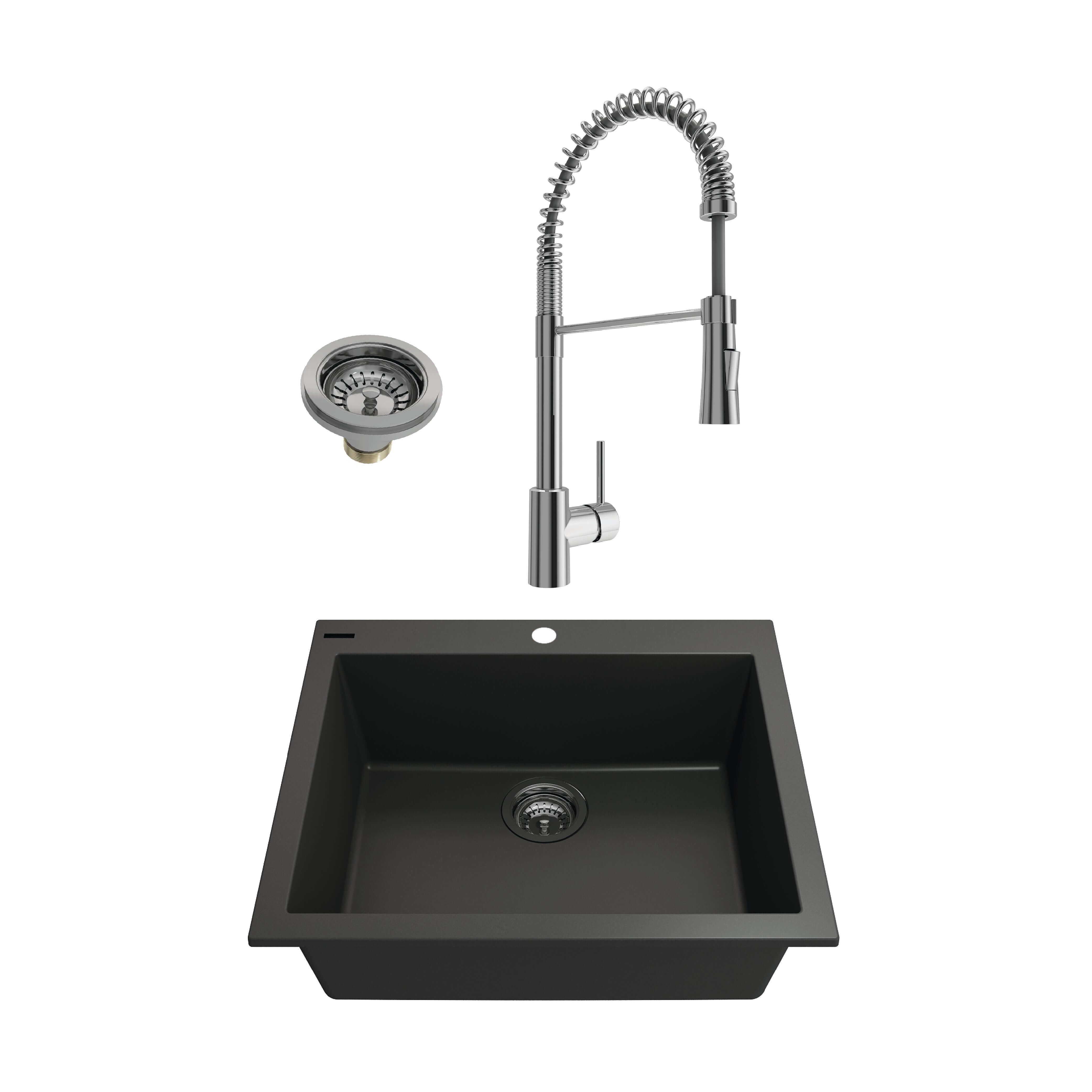 Alternate Image for BOCCHI Campino Uno 24" Dual Mount Granite Kitchen Sink Kit with Faucet and Accessories, Matte Black (sink) / Chrome (faucet), 1606-504-2020CH