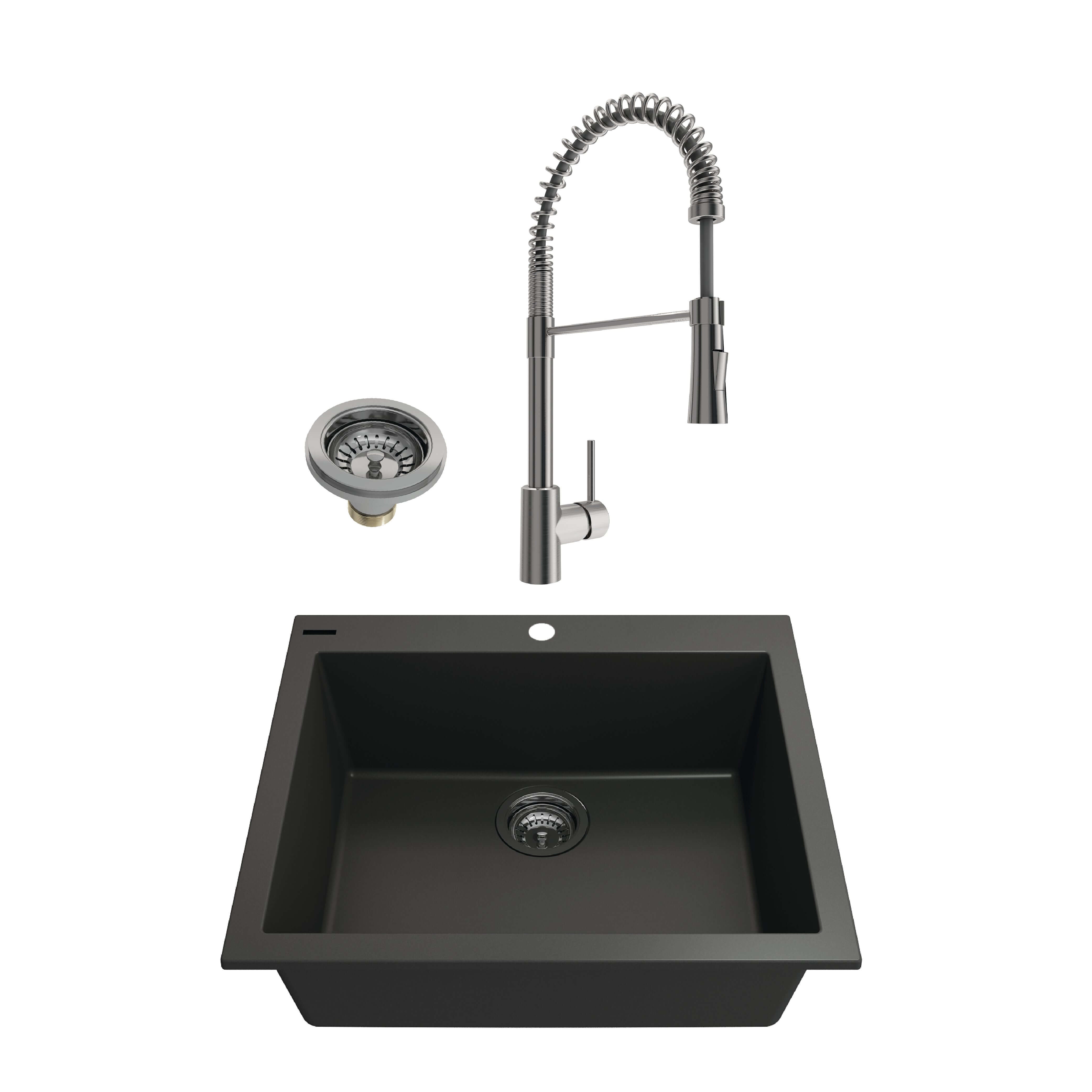 Alternate Image for BOCCHI Campino Uno 24" Dual Mount Granite Kitchen Sink Kit with Faucet and Accessories, Matte Black (sink) / Stainless Steel (faucet), 1606-504-2020SS