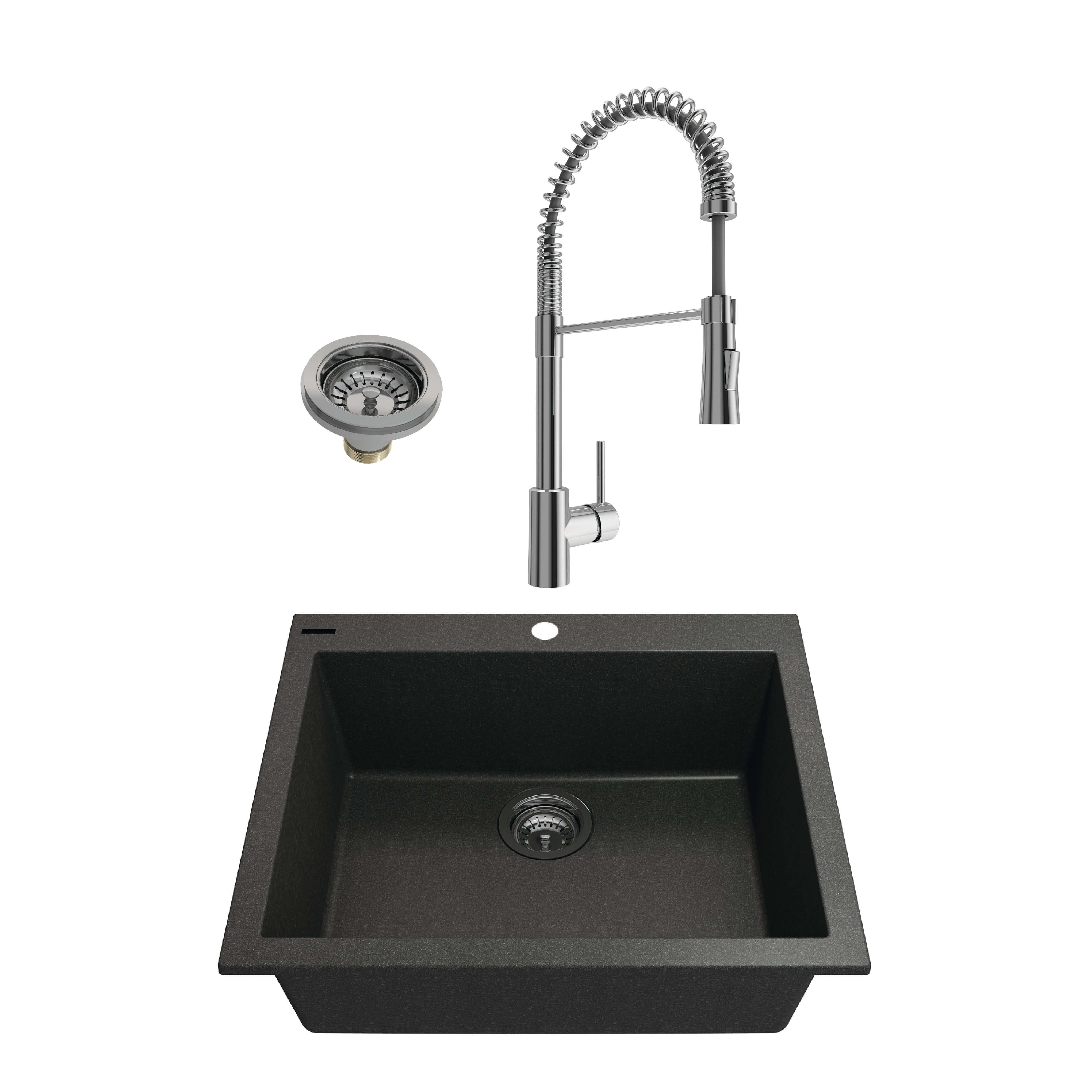Alternate Image for BOCCHI Campino Uno 24" Dual Mount Granite Kitchen Sink Kit with Faucet and Accessories, Metallic Black (sink) / Chrome (faucet), 1606-505-2020CH