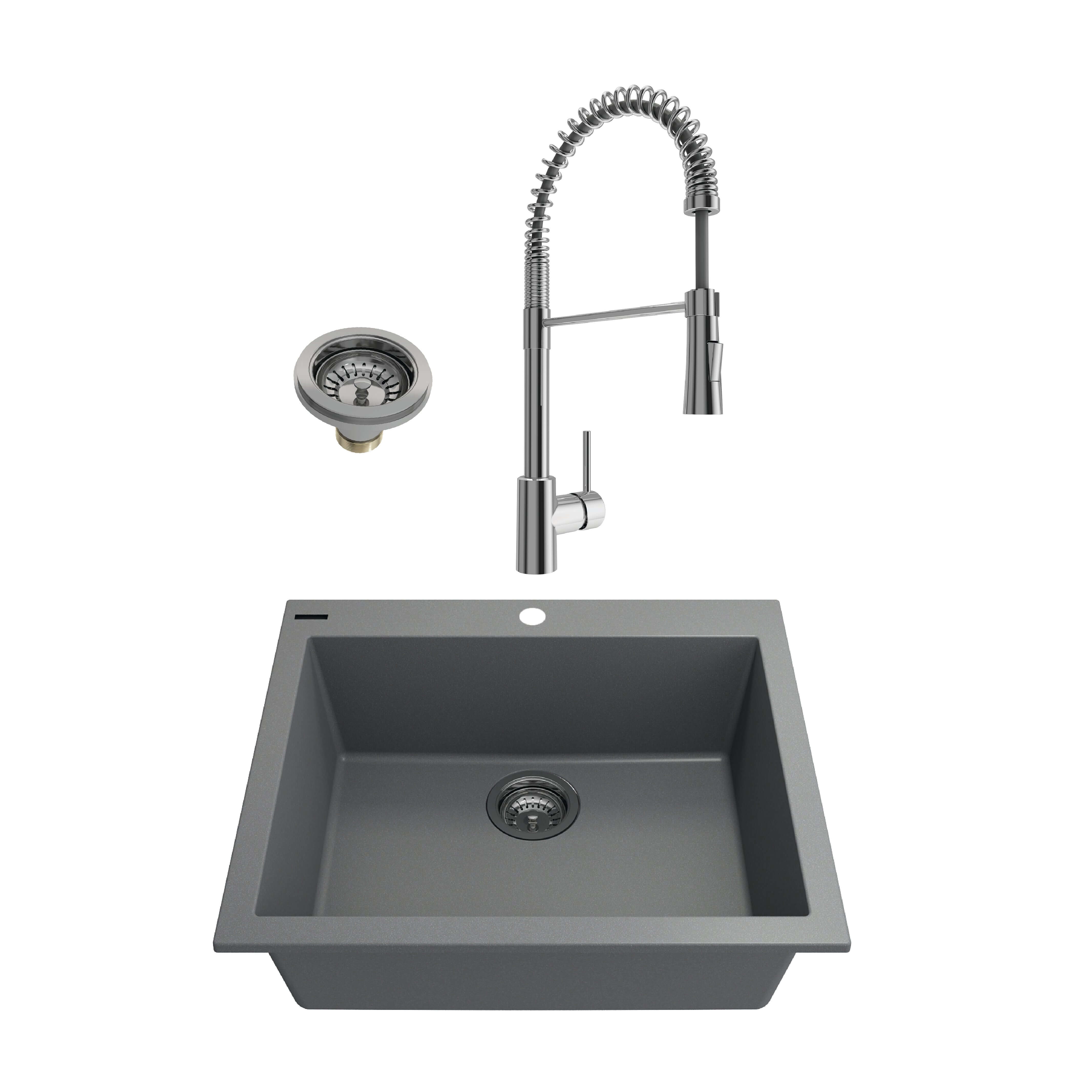 Alternate Image for BOCCHI Campino Uno 24" Dual Mount Granite Kitchen Sink Kit with Faucet and Accessories, Concrete Gray (sink) / Chrome (faucet) , 1606-506-2020CH
