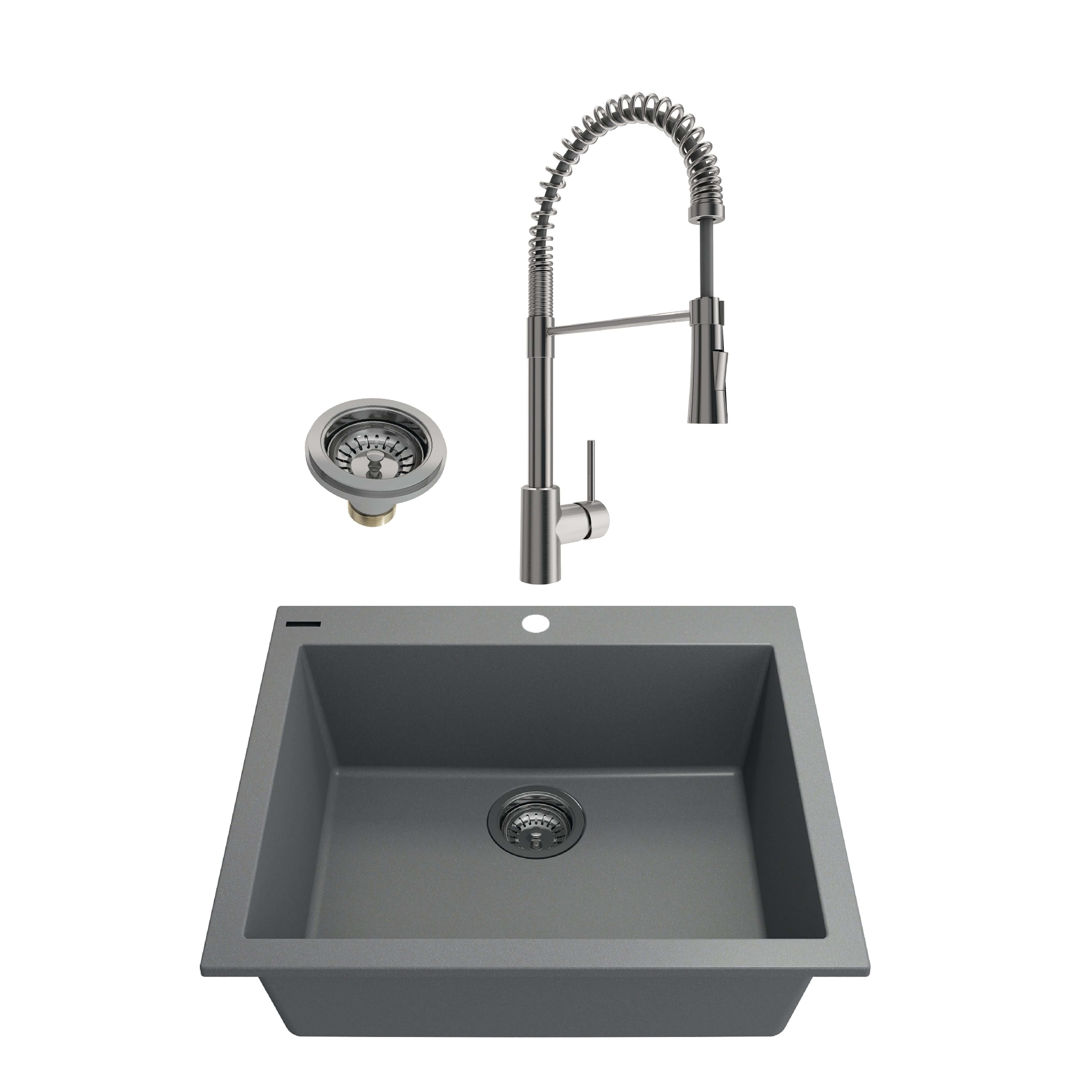 Alternate Image for BOCCHI Campino Uno 24" Concrete Gray Dual Mount Granite Kitchen Sink Kit with Stainless Steel Faucet and Accessories, 1606-506-2020SS