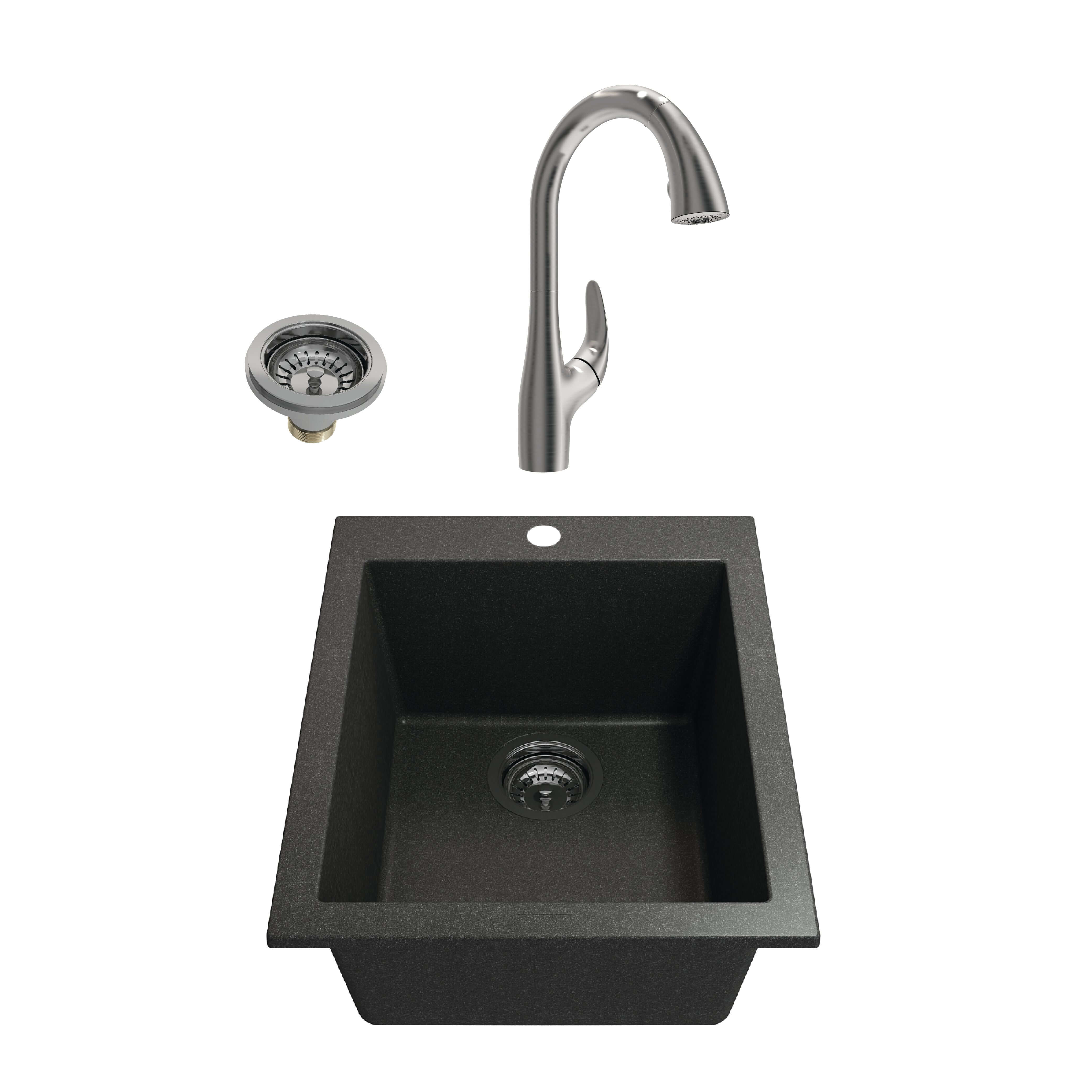 Alternate Image for BOCCHI Campino Uno 16" Metallic Black Rectangle Granite Bar/Prep Sink Kit with Stainless Steel Faucet and Accessories, 1608-505-2024SS