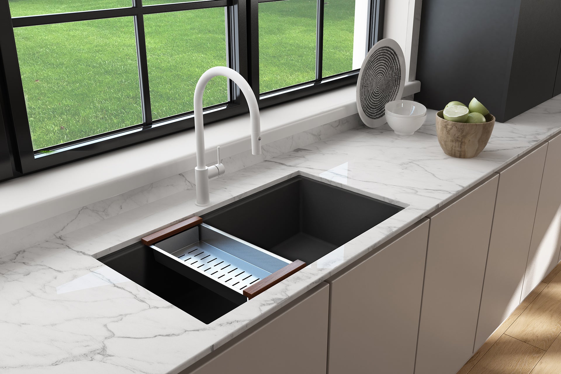 Alternate Image for BOCCHI Deep Stainless Steel Colander w/ Wooden Sapele Mahogany Handles for 1616, 1618 & 1633 sinks, 2310 0007