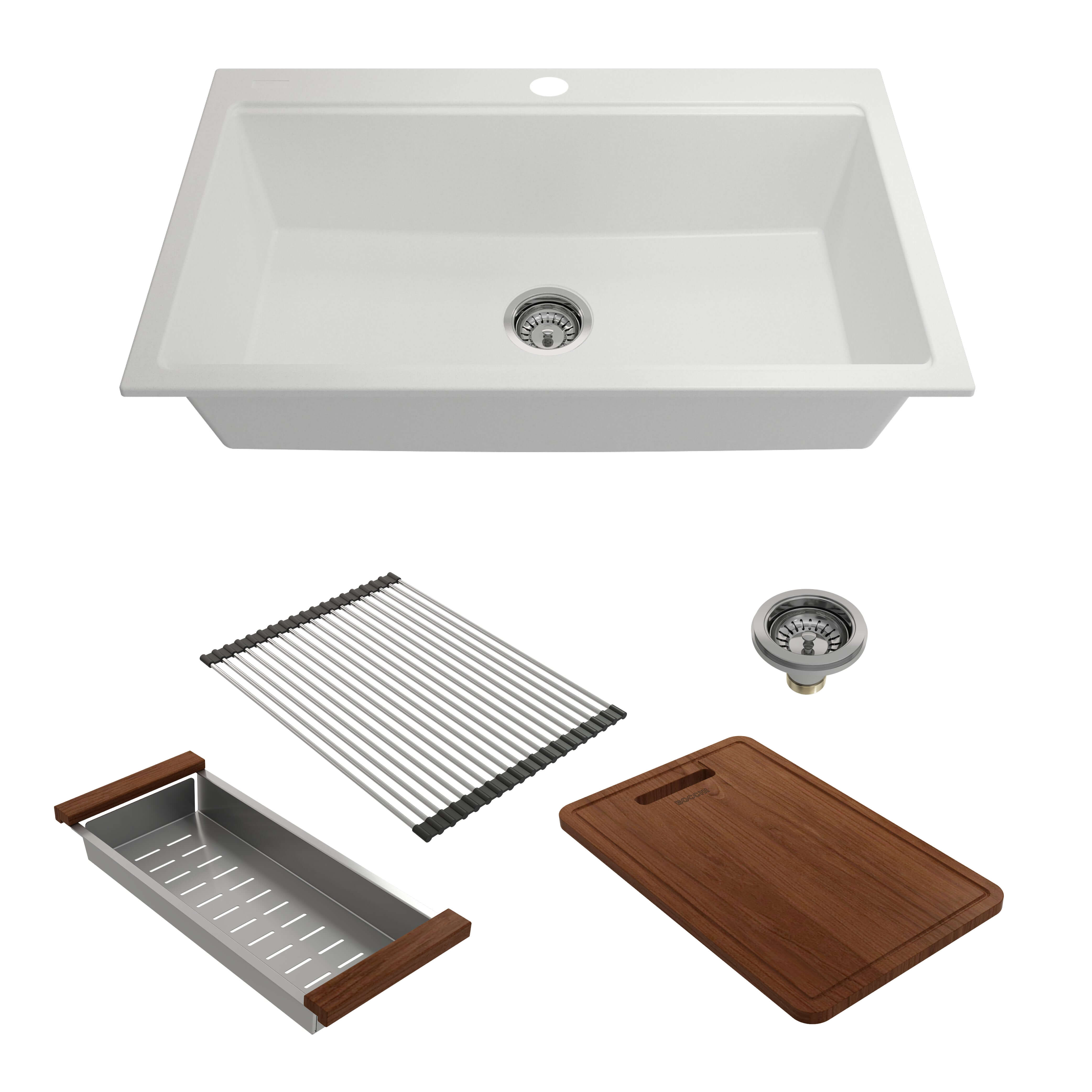 Alternate Image for BOCCHI Baveno Lux 34" Dual Mount Granite Workstation Kitchen Sink Kit with Accessories, Milk White, 1616-507-0126