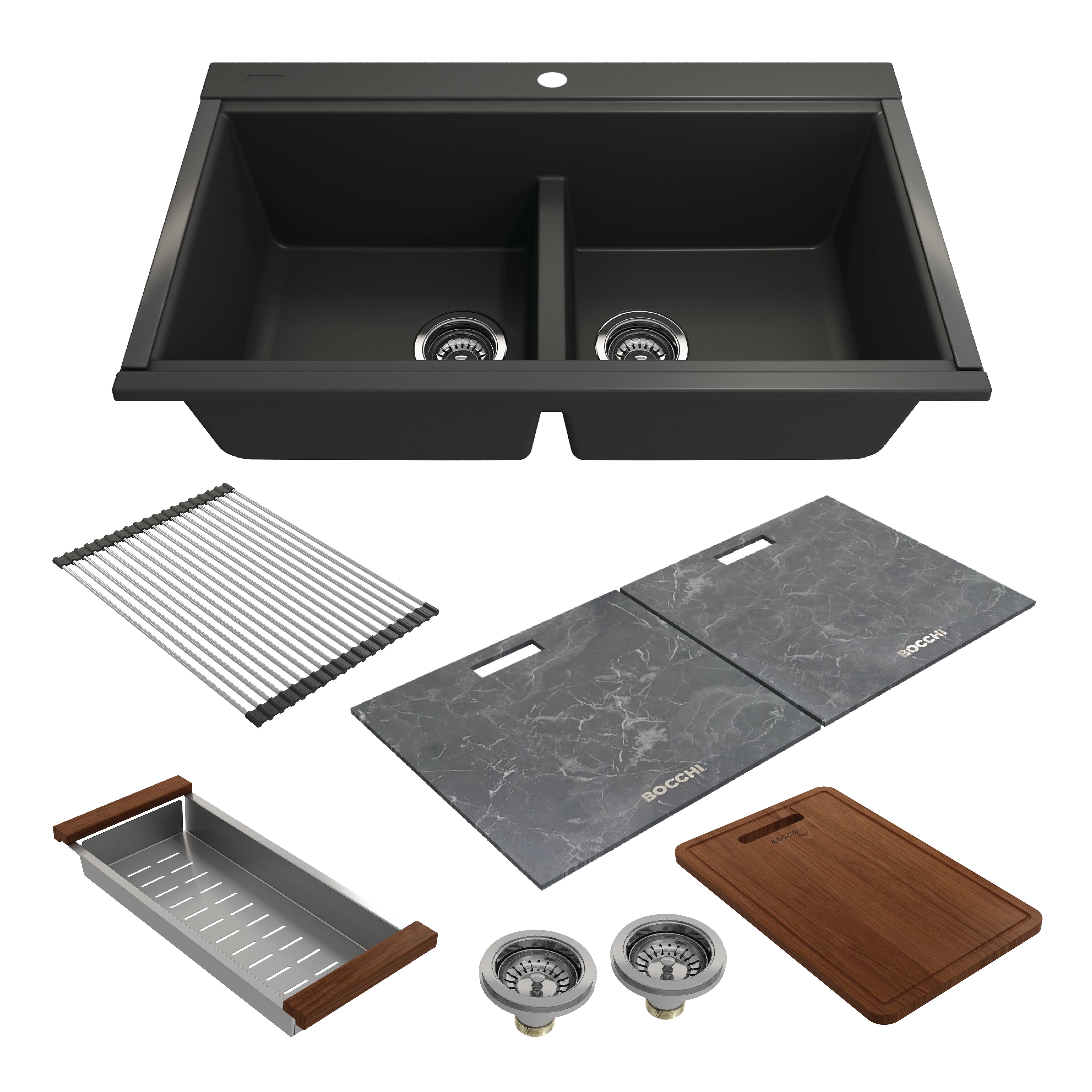 BOCCHI Baveno Lux 34" Undermount Granite Workstation Kitchen Sink Kit with Accessories, 50/50 Double Bowl, Matte Black, 1618-504-0126HP