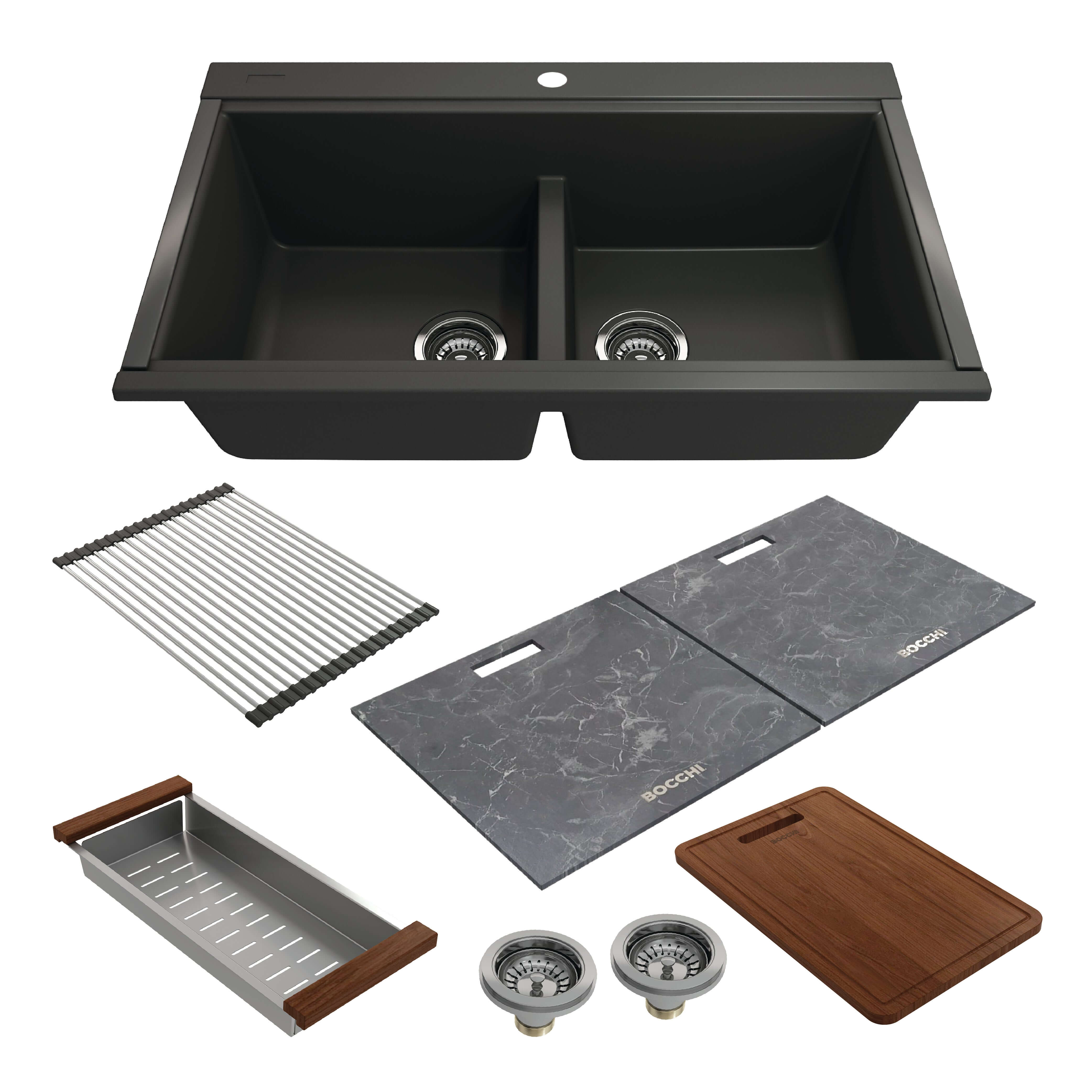 Alternate Image for BOCCHI Baveno Lux 34" Undermount Granite Workstation Kitchen Sink Kit with Accessories, 50/50 Double Bowl, Matte Black, 1618-504-0126HP