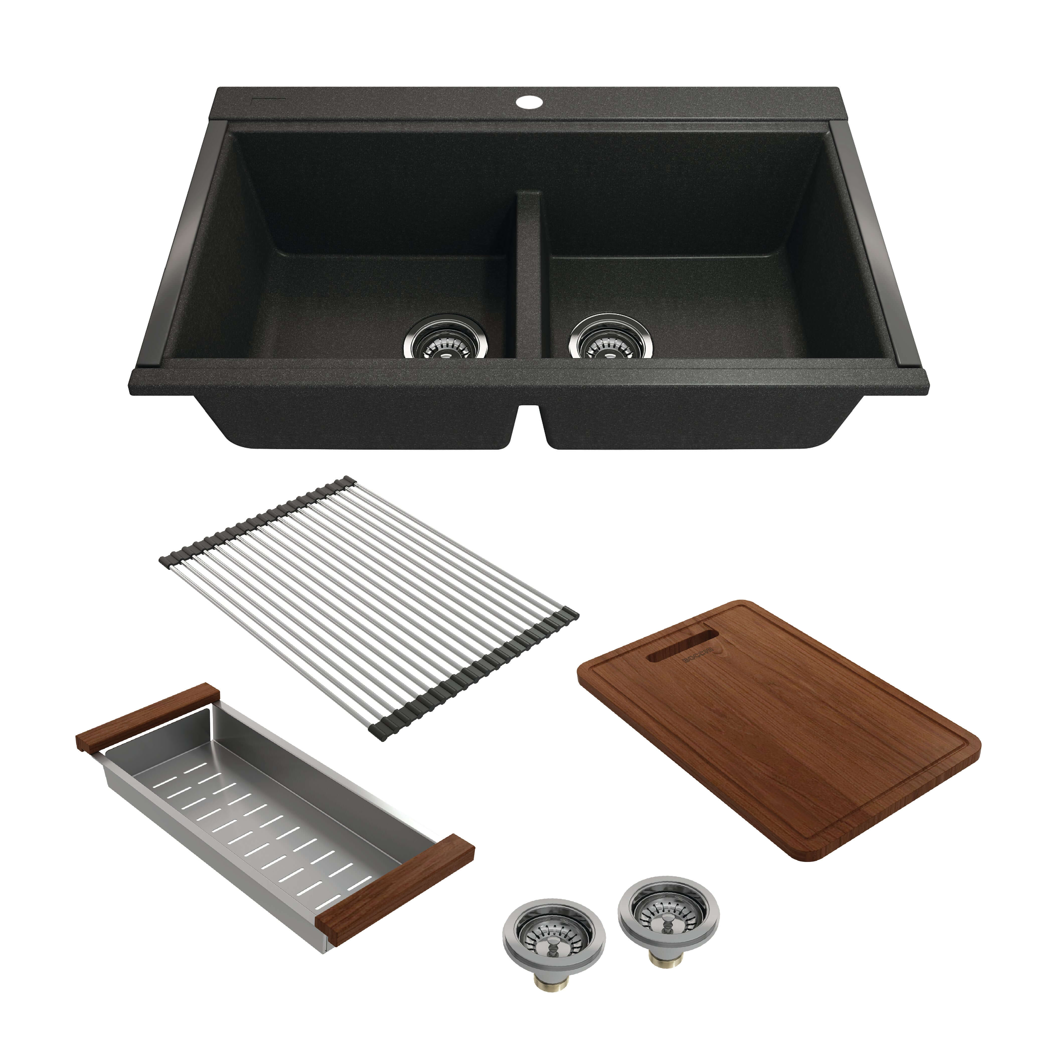 Alternate Image for BOCCHI Baveno Lux 34" Undermount Granite Workstation Kitchen Sink Kit with Accessories, 50/50 Double Bowl, Metallic Black, 1618-505-0126