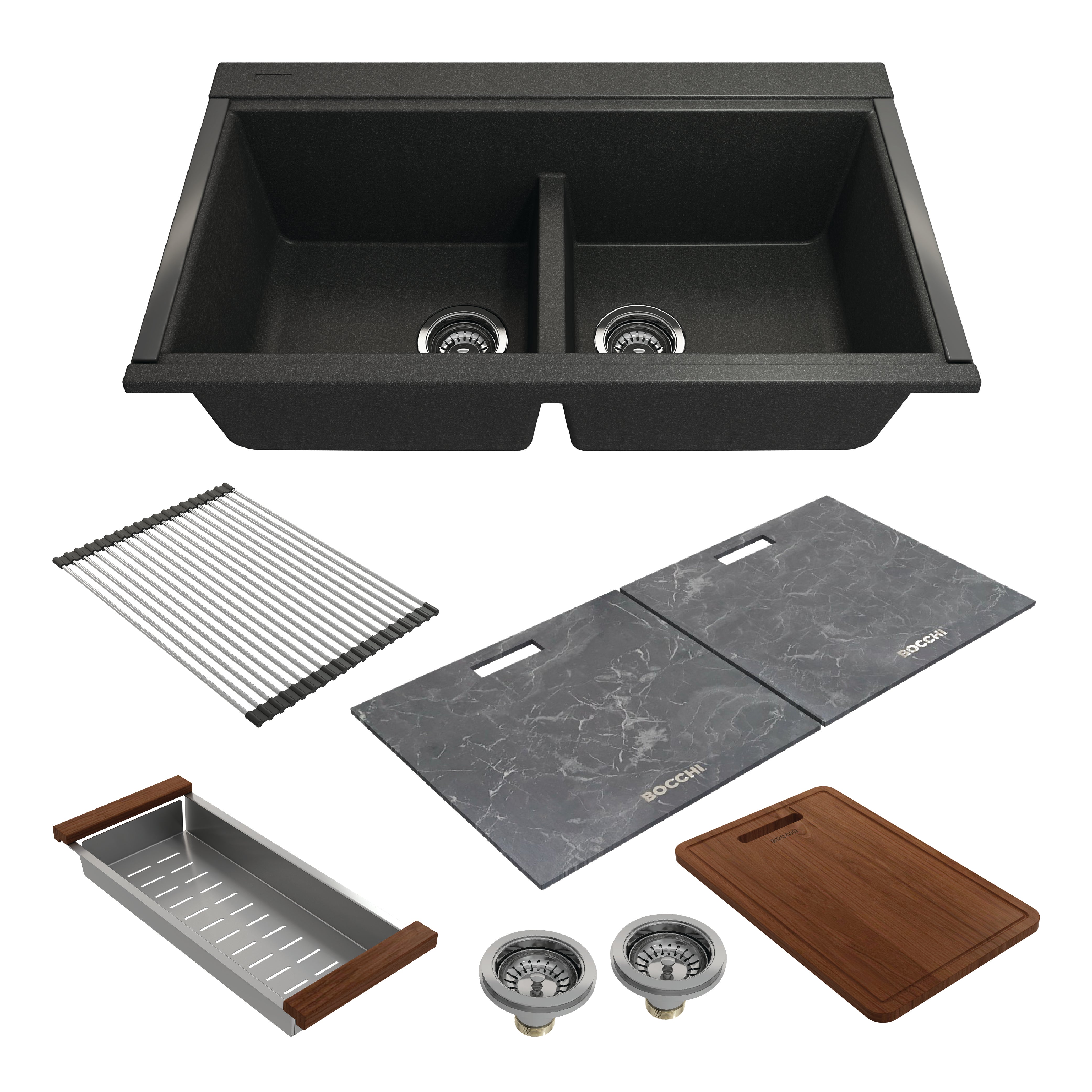 BOCCHI Baveno Lux 34" Undermount Granite Workstation Kitchen Sink Kit with Accessories, 50/50 Double Bowl, Metallic Black, 1618-505-0126HP