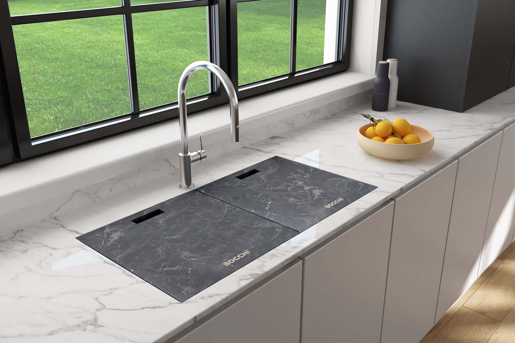Alternate Image for BOCCHI Baveno Lux 34" Undermount Granite Workstation Kitchen Sink Kit with Accessories, 50/50 Double Bowl, Milk White, 1618-507-0126HP