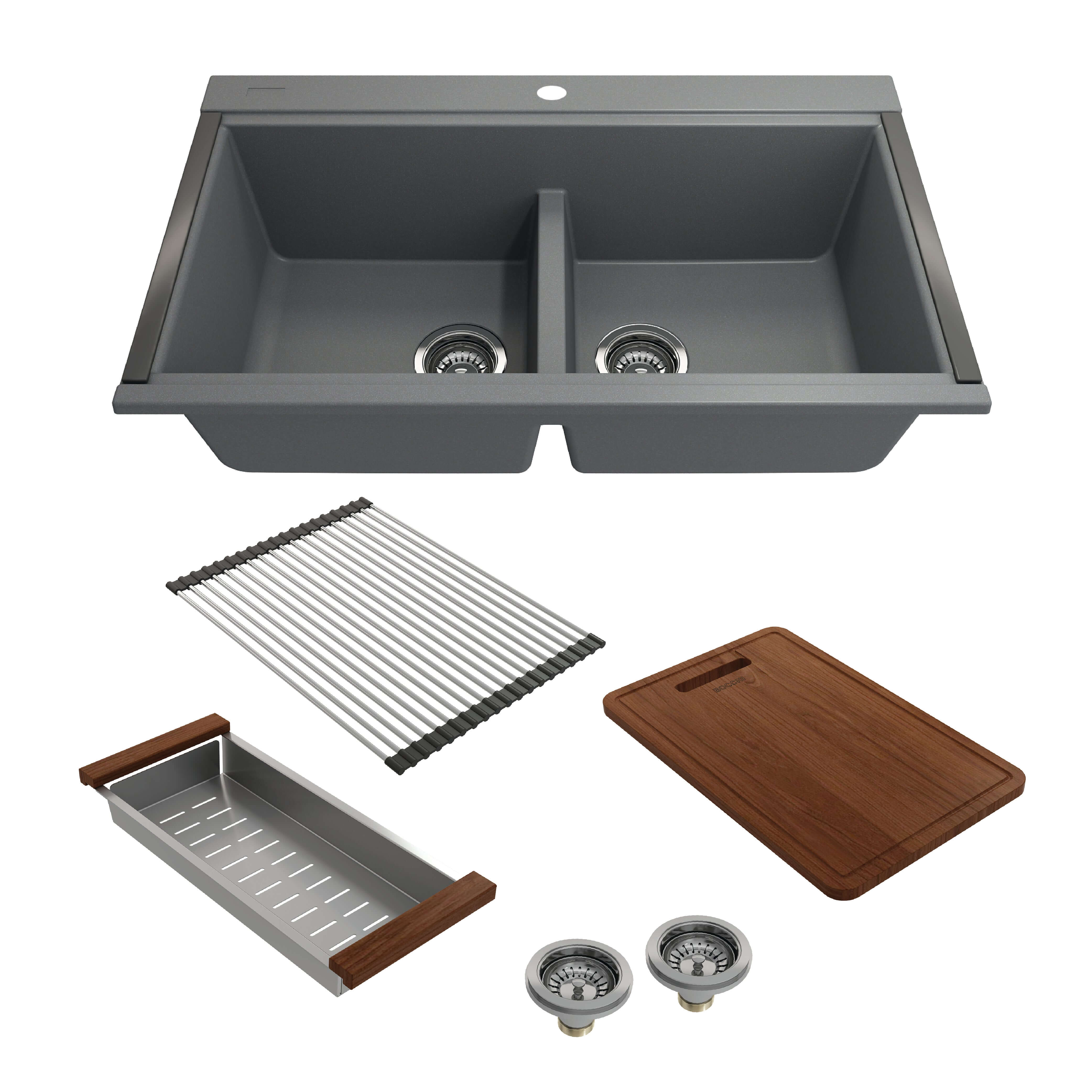 Alternate Image for BOCCHI Baveno Lux 34" Undermount Granite Workstation Kitchen Sink Kit with Accessories, 50/50 Double Bowl, Concrete Gray, 1618-506-0126