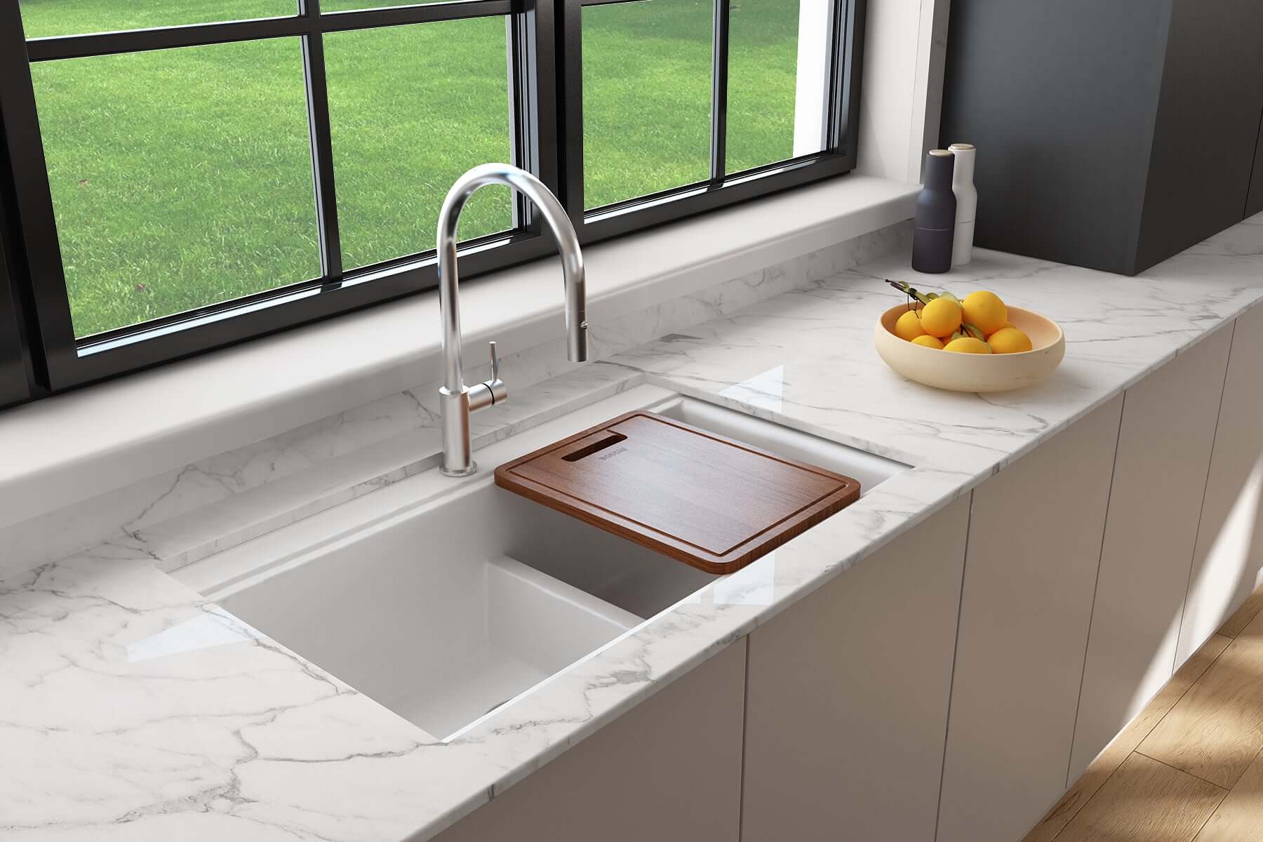 Alternate Image for BOCCHI Baveno Lux 34" Undermount Granite Workstation Kitchen Sink Kit with Accessories, 50/50 Double Bowl, Milk White, 1618-507-0126