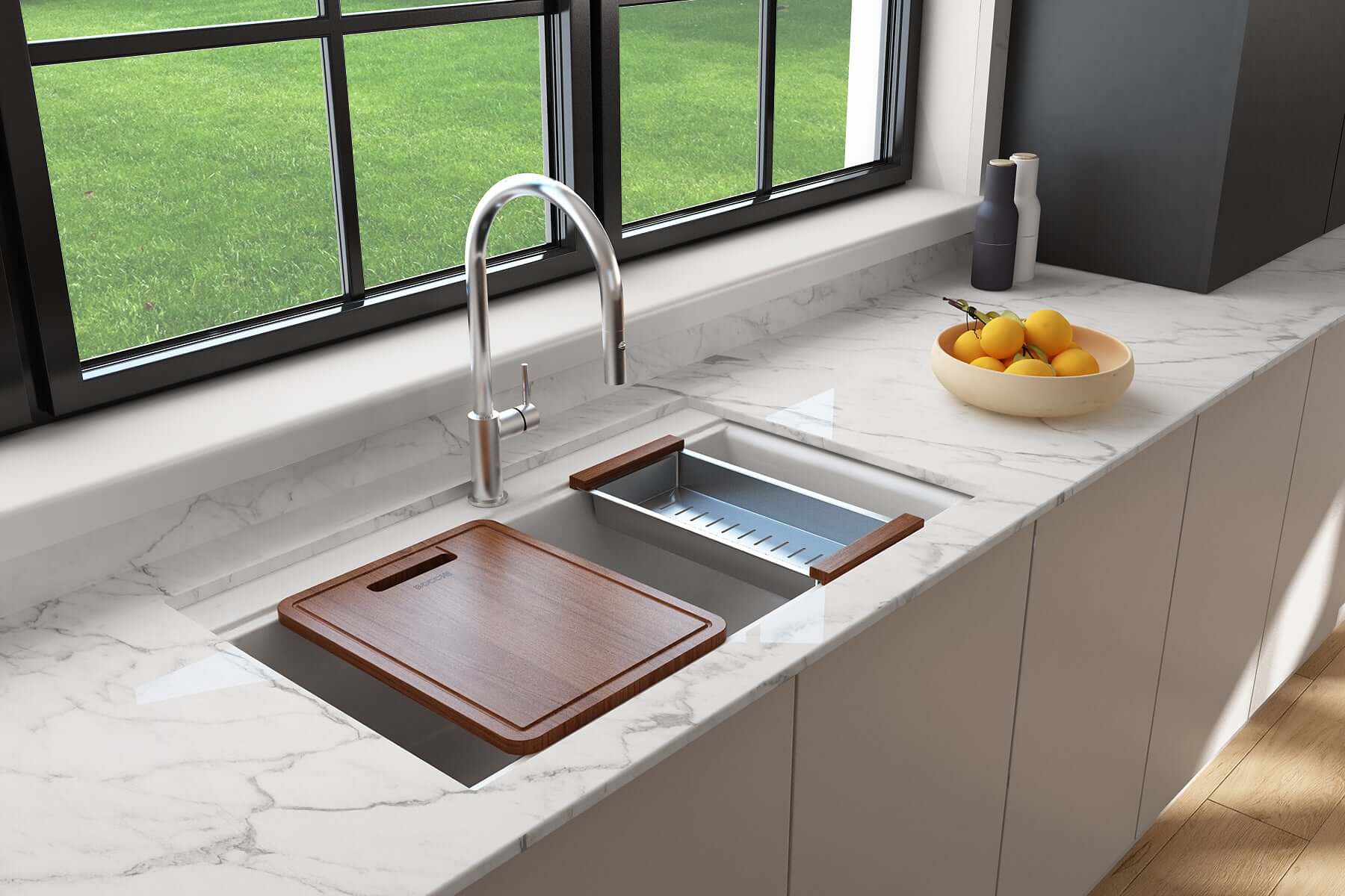Alternate Image for BOCCHI Baveno Lux 34" Undermount Granite Workstation Kitchen Sink Kit with Accessories, 50/50 Double Bowl, Milk White, 1618-507-0126