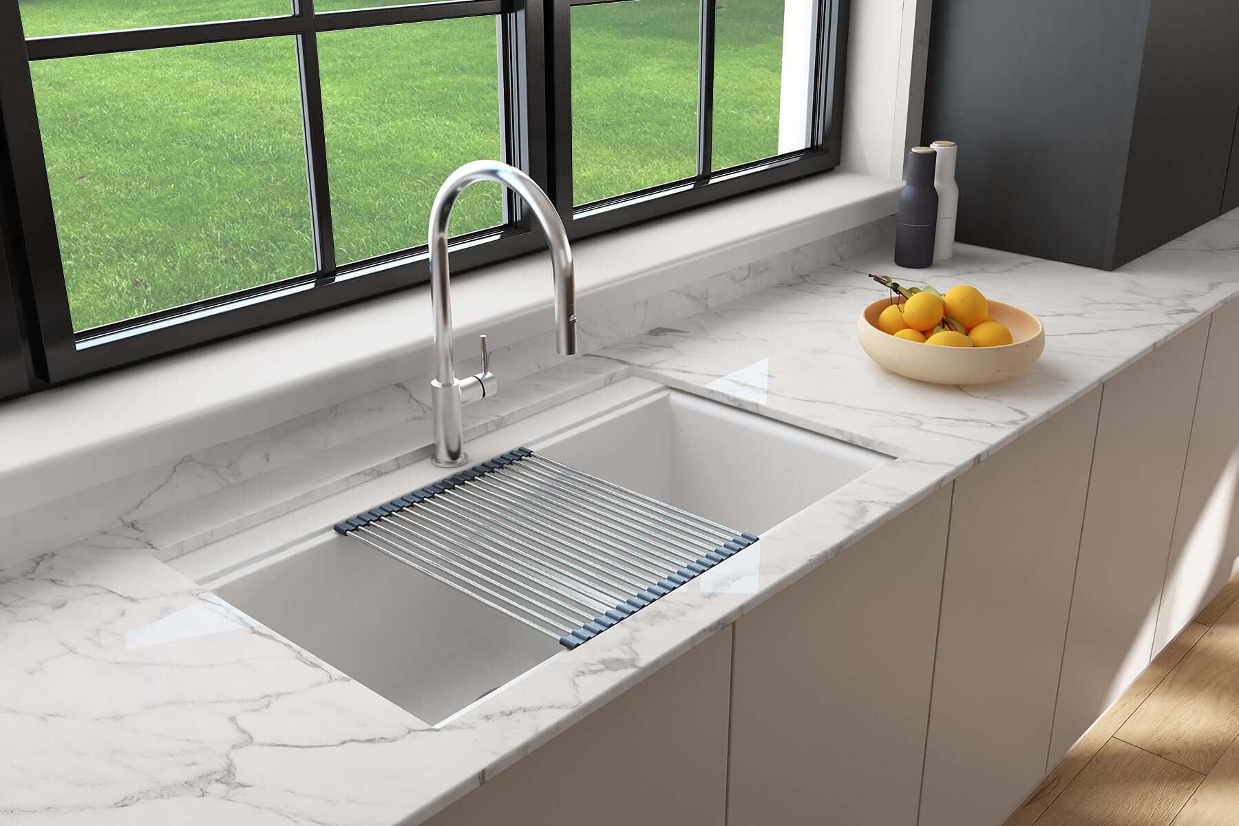 Alternate Image for BOCCHI Baveno Lux 34" Undermount Granite Workstation Kitchen Sink Kit with Accessories, 50/50 Double Bowl, Milk White, 1618-507-0126