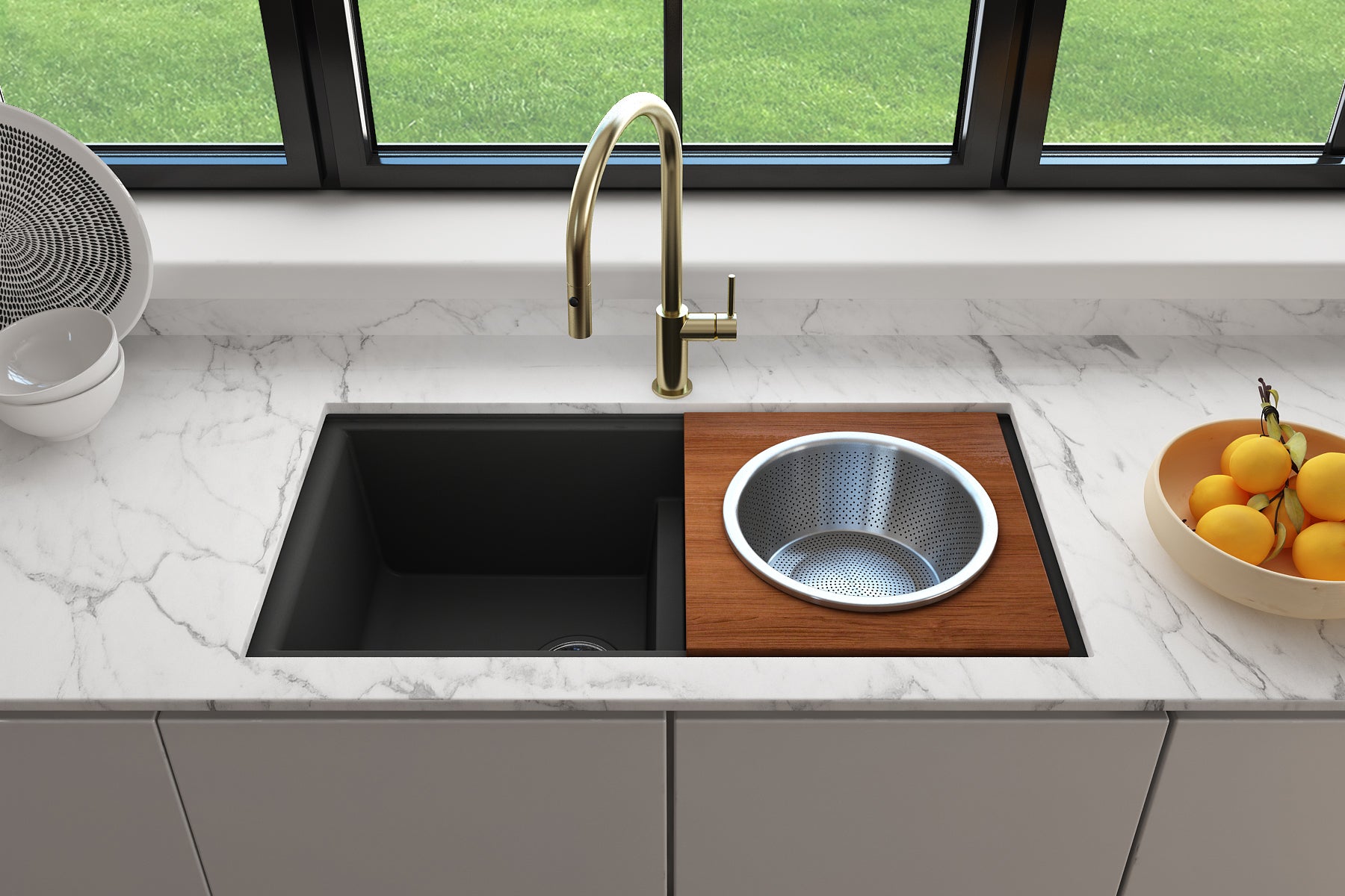 Alternate Image for BOCCHI Wood Board with Large Round Stainless Steel Mixing Bowl and Colander F/1616, 1618, 1633 (inner ledge), 2320 0014