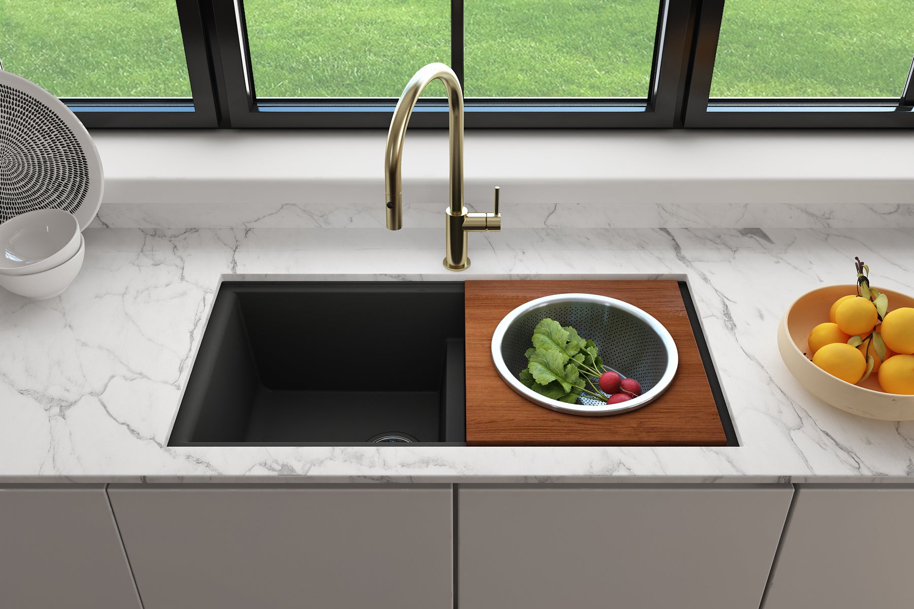 Alternate Image for BOCCHI Wood Board with Large Round Stainless Steel Mixing Bowl and Colander F/1616, 1618, 1633 (inner ledge), 2320 0014