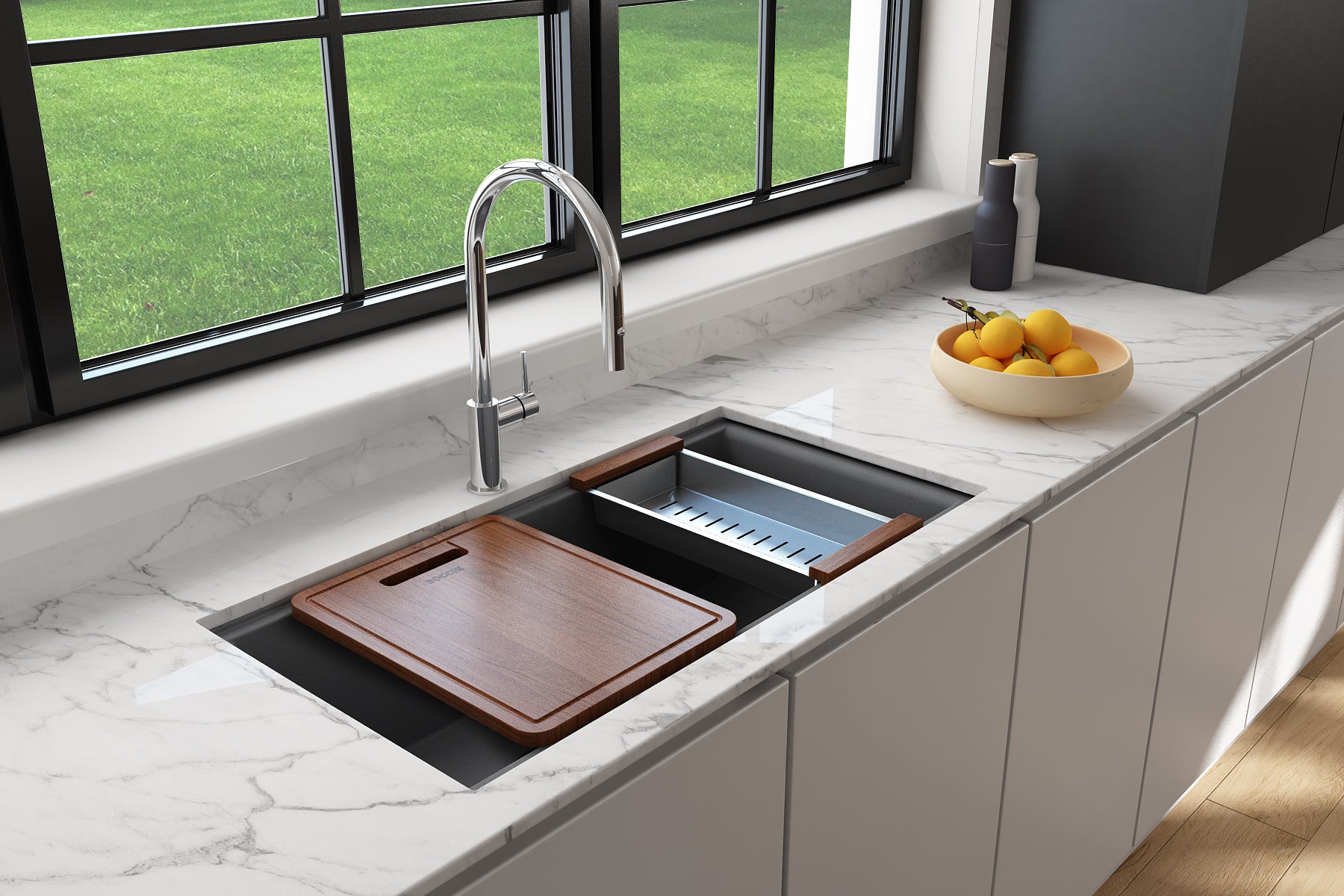 Alternate Image for BOCCHI Deep Stainless Steel Colander w/ Wooden Sapele Mahogany Handles for 1616, 1618 & 1633 sinks, 2310 0007