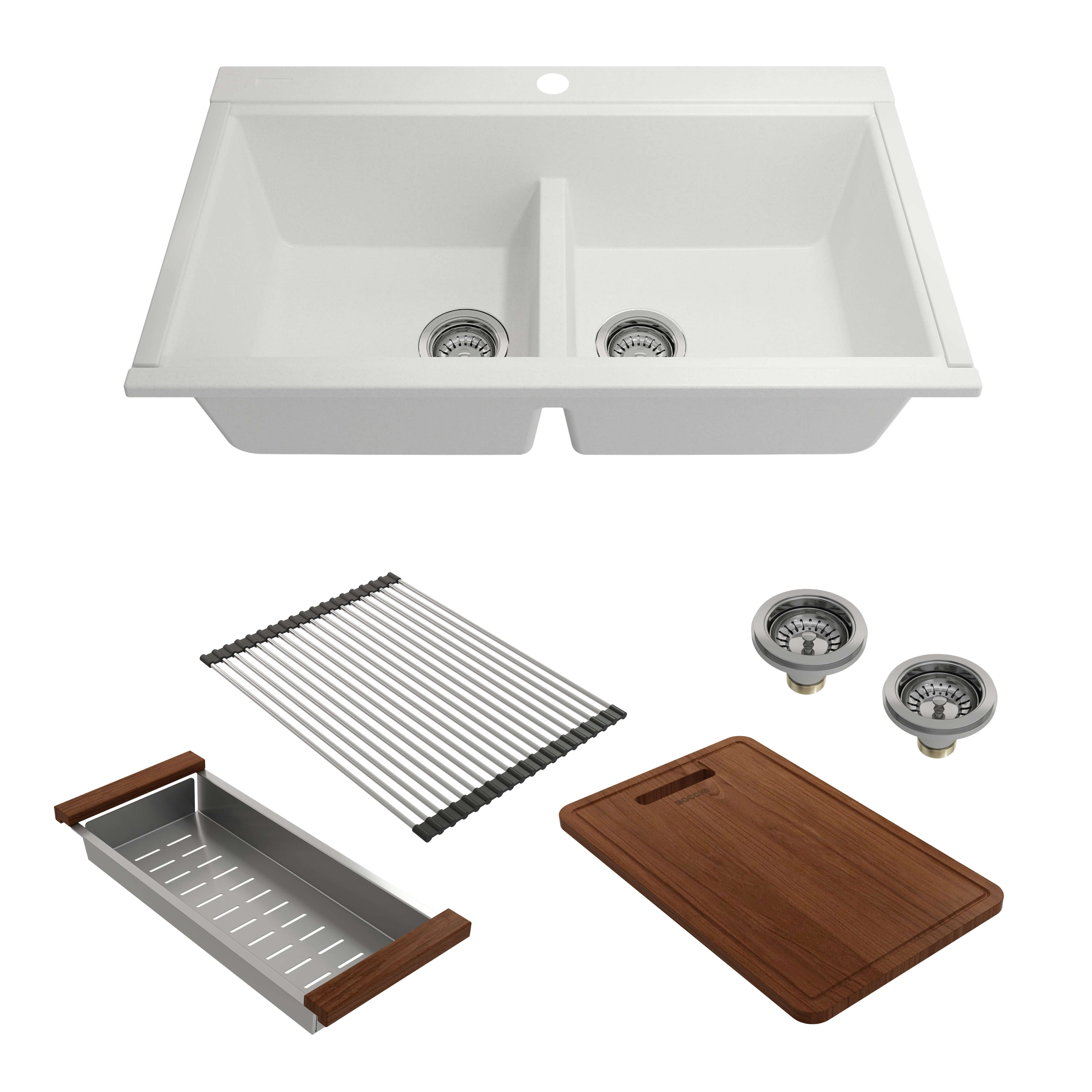 Alternate Image for BOCCHI Baveno Lux 34" Undermount Granite Workstation Kitchen Sink Kit with Accessories, 50/50 Double Bowl, Milk White, 1618-507-0126