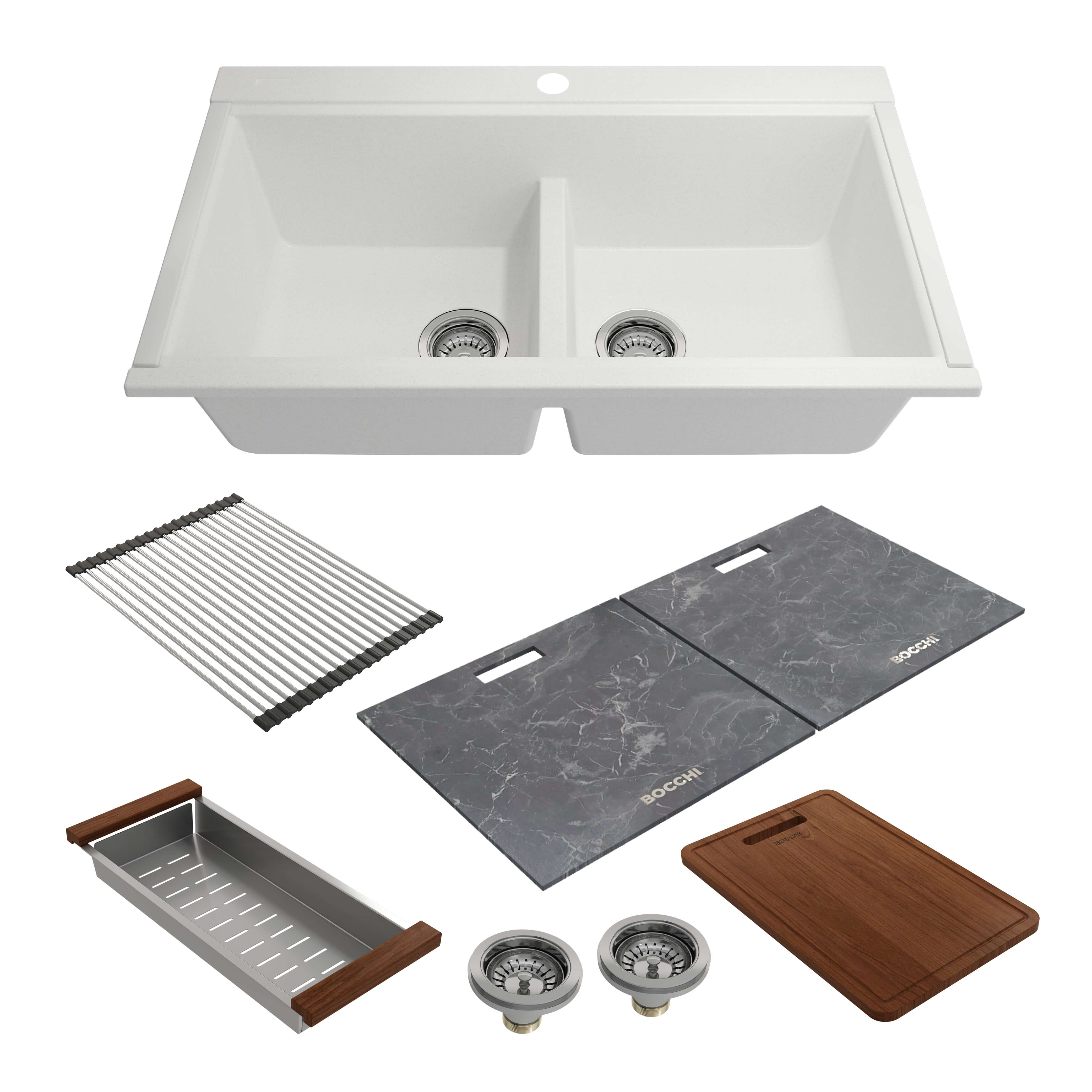 Alternate Image for BOCCHI Baveno Lux 34" Undermount Granite Workstation Kitchen Sink Kit with Accessories, 50/50 Double Bowl, Milk White, 1618-507-0126HP