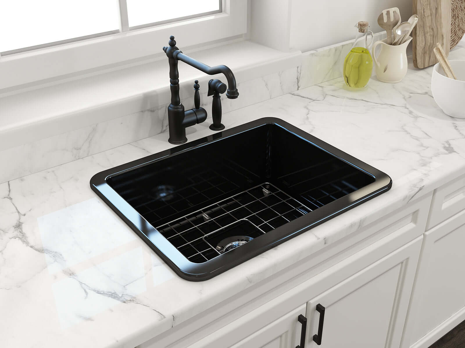 Alternate Image for BOCCHI Sotto 24" Dual Mount Fireclay Kitchen Sink Kit with Accessories, Black, 1627-005-0120