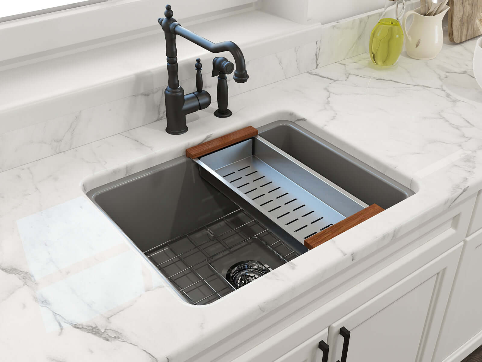 Alternate Image for BOCCHI Sotto 24" Dual Mount Fireclay Kitchen Sink Kit with Accessories, Matte Gray, 1627-006-0120