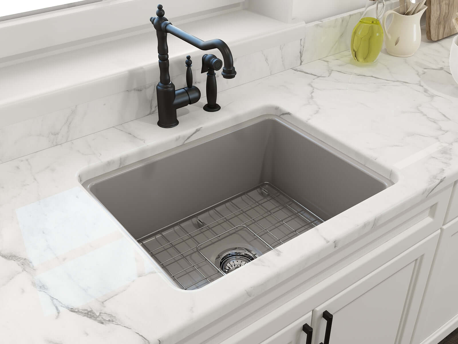 Alternate Image for BOCCHI Sotto 24" Dual Mount Fireclay Kitchen Sink Kit with Accessories, Matte Gray, 1627-006-0120