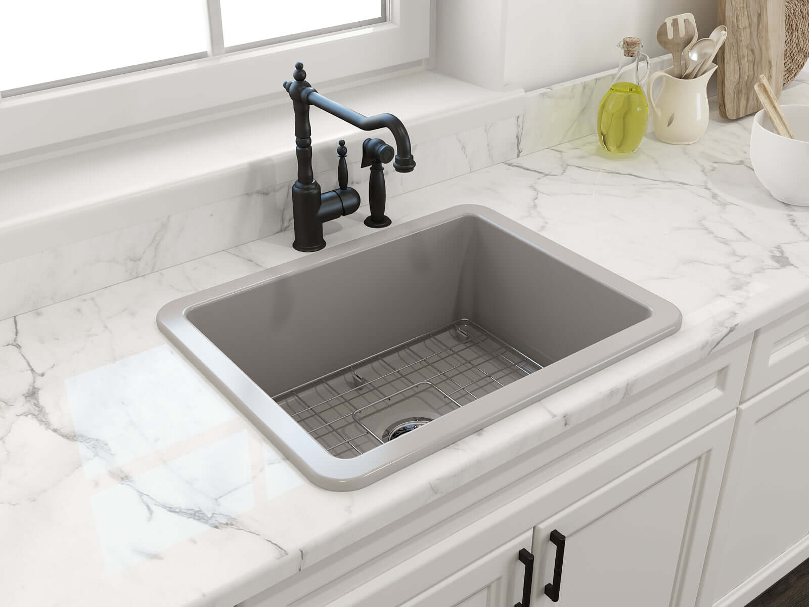 Alternate Image for BOCCHI Sotto 24" Dual Mount Fireclay Kitchen Sink Kit with Accessories, Matte Gray, 1627-006-0120