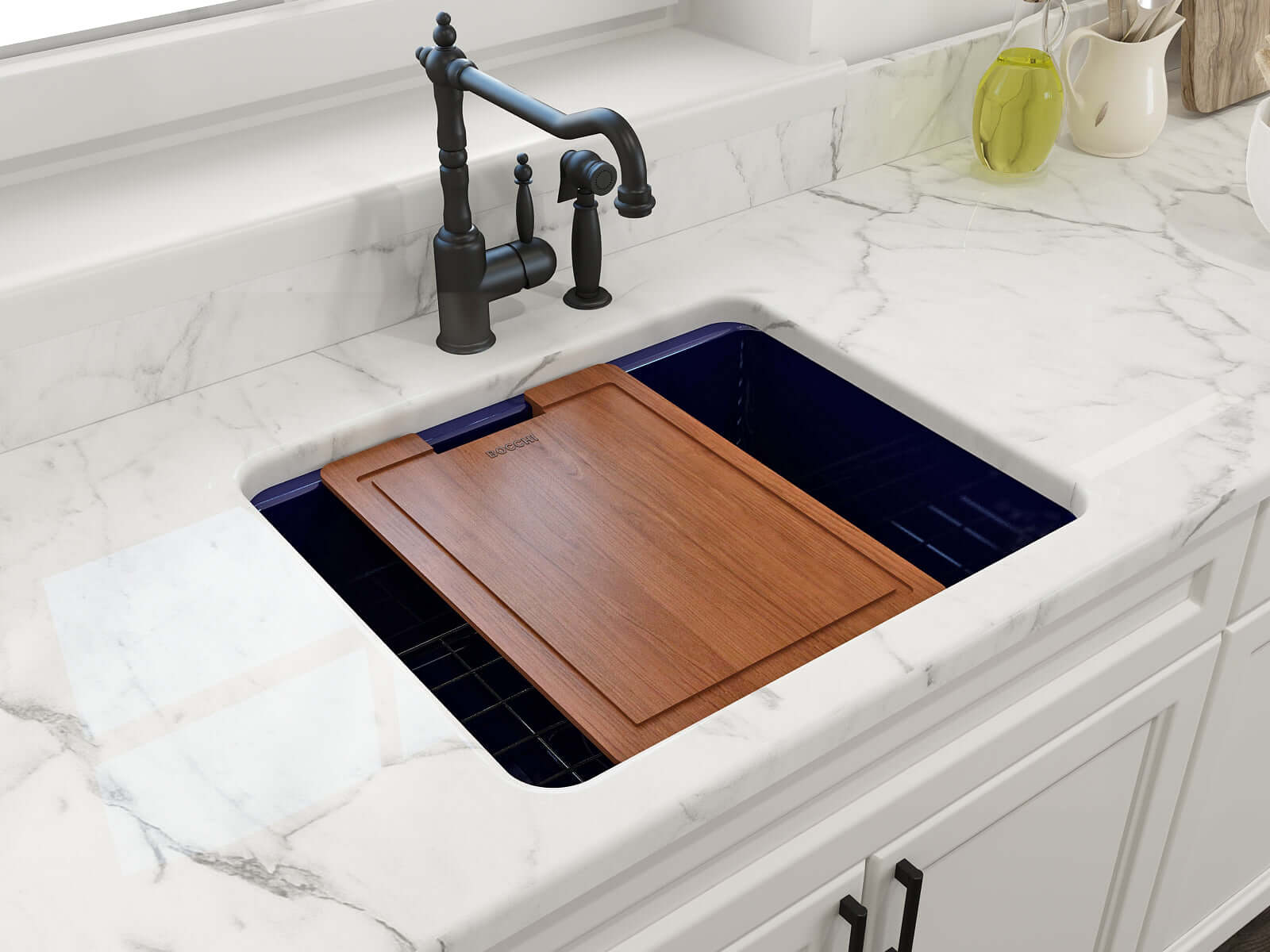 Alternate Image for BOCCHI Sotto 24" Dual Mount Fireclay Kitchen Sink Kit with Accessories, Sapphire Blue, 1627-010-0120