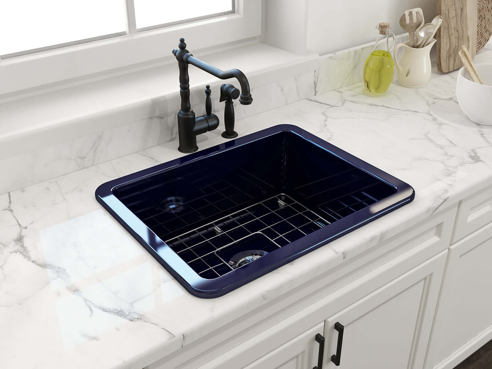Alternate Image for BOCCHI Sotto 24" Dual Mount Fireclay Kitchen Sink Kit with Accessories, Sapphire Blue, 1627-010-0120