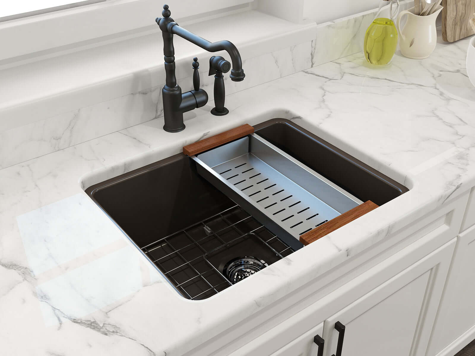 Alternate Image for BOCCHI Sotto 24" Dual Mount Fireclay Kitchen Sink Kit with Accessories, Matte Brown, 1627-025-0120