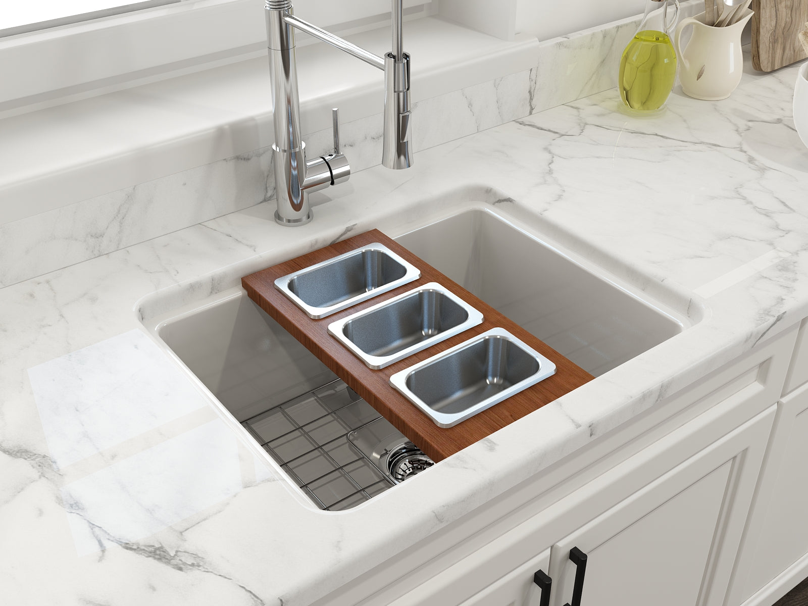 Alternate Image for BOCCHI Wood Board with 3 Rectangular Stainless Steel Bowls, 2320 0013