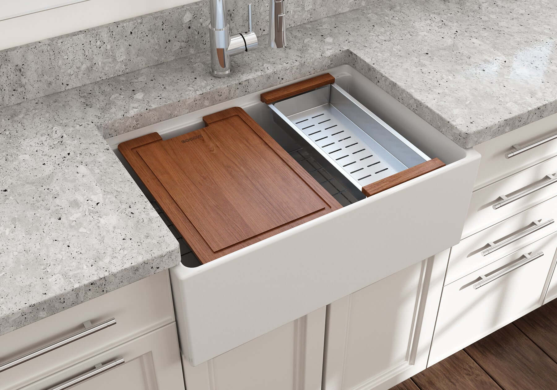 BOCCHI Contempo 27" Fireclay Workstation Farmhouse Sink Kit with Accessories, Matte White, 1628-002-0120
