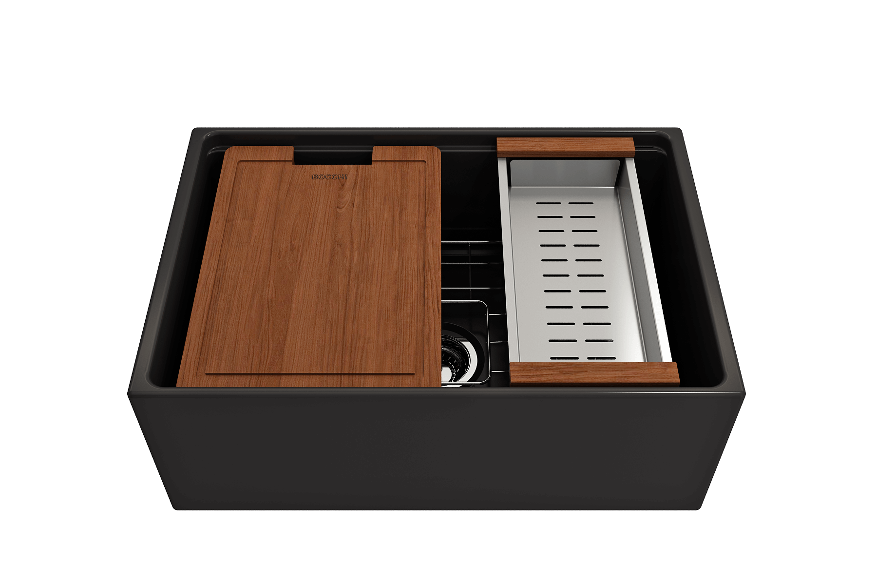 BOCCHI Contempo 27" Fireclay Workstation Farmhouse Sink Kit with Accessories, Matte Black, 1628-004-0120