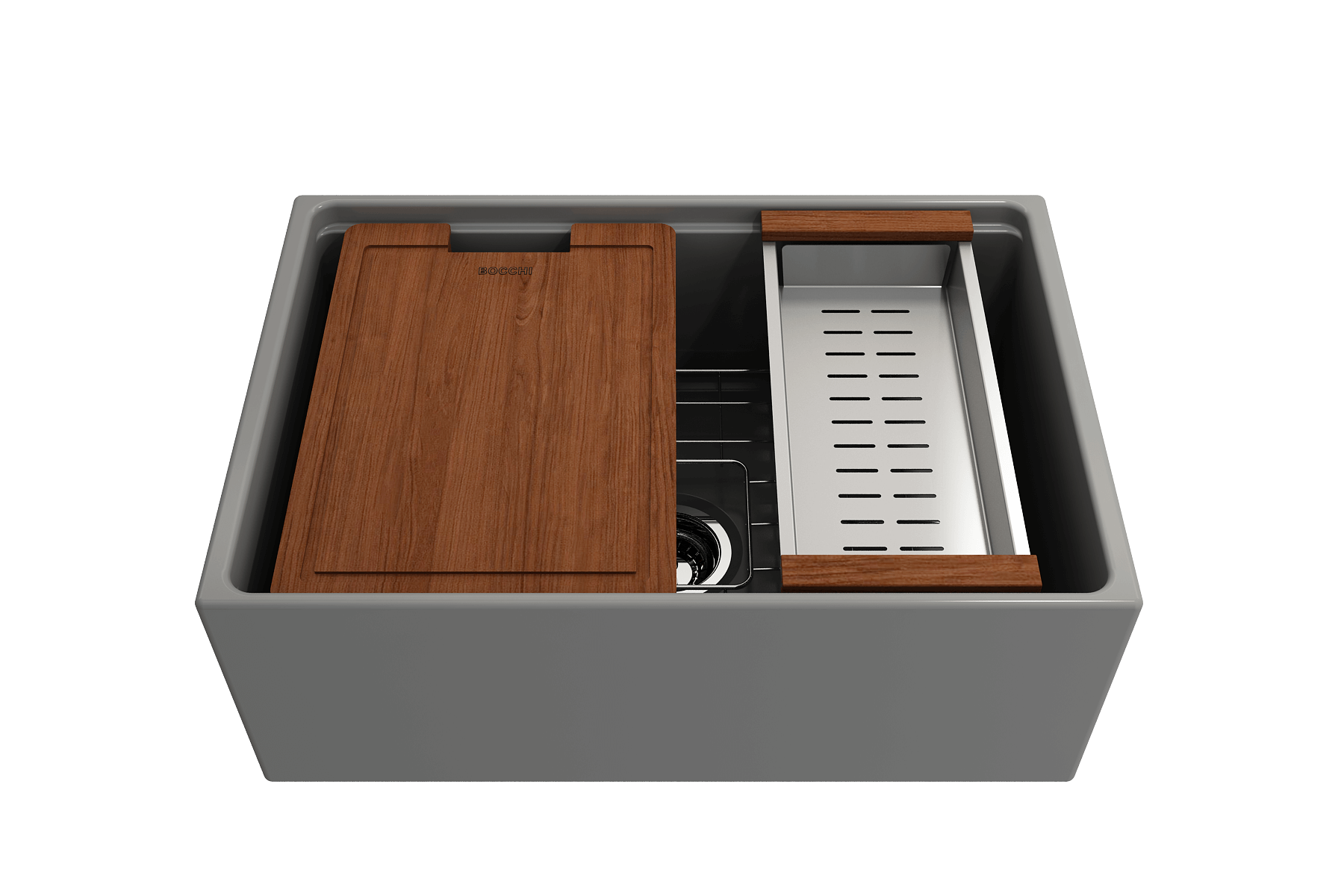 BOCCHI Contempo 27" Fireclay Workstation Farmhouse Sink Kit with Accessories, Matte Gray, 1628-006-0120