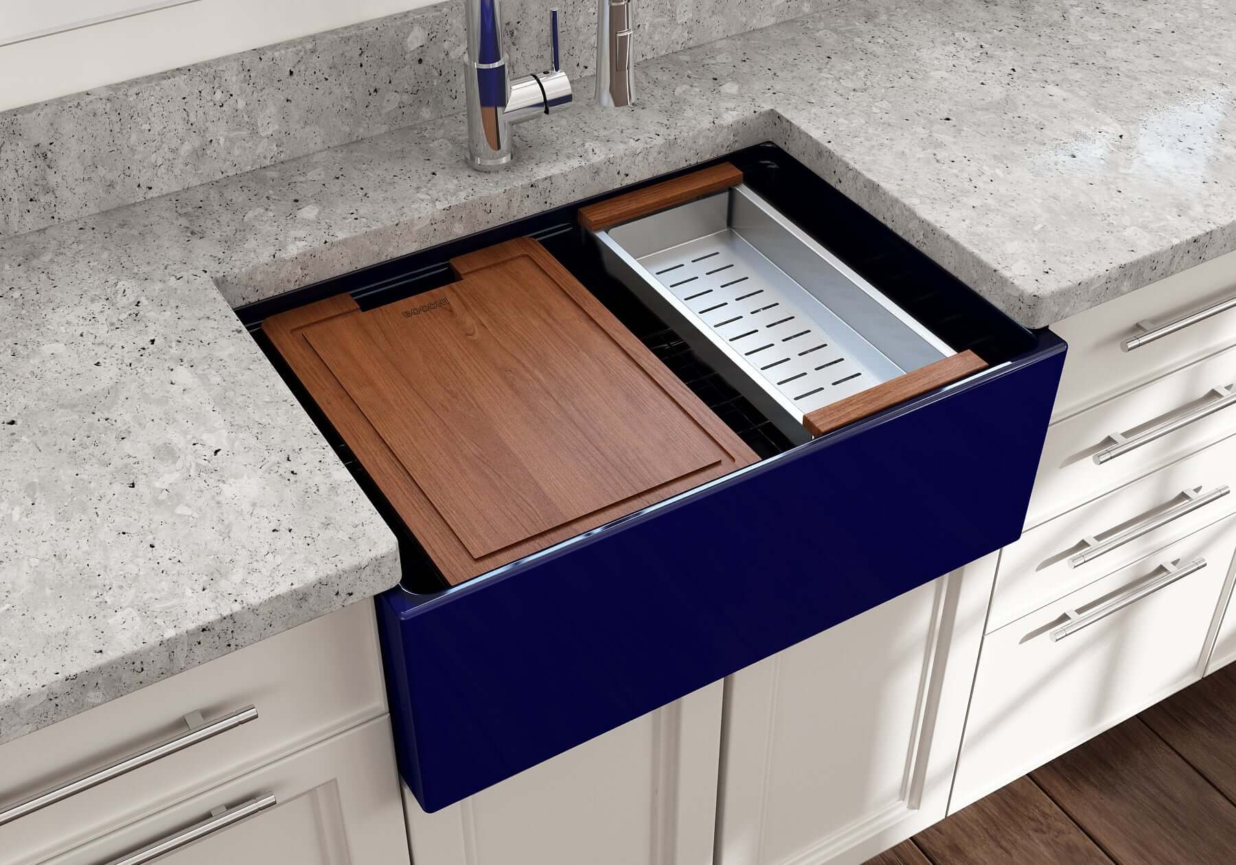 Alternate Image for BOCCHI Contempo 27" Fireclay Workstation Farmhouse Sink Kit with Accessories, Sapphire Blue, 1628-010-0120