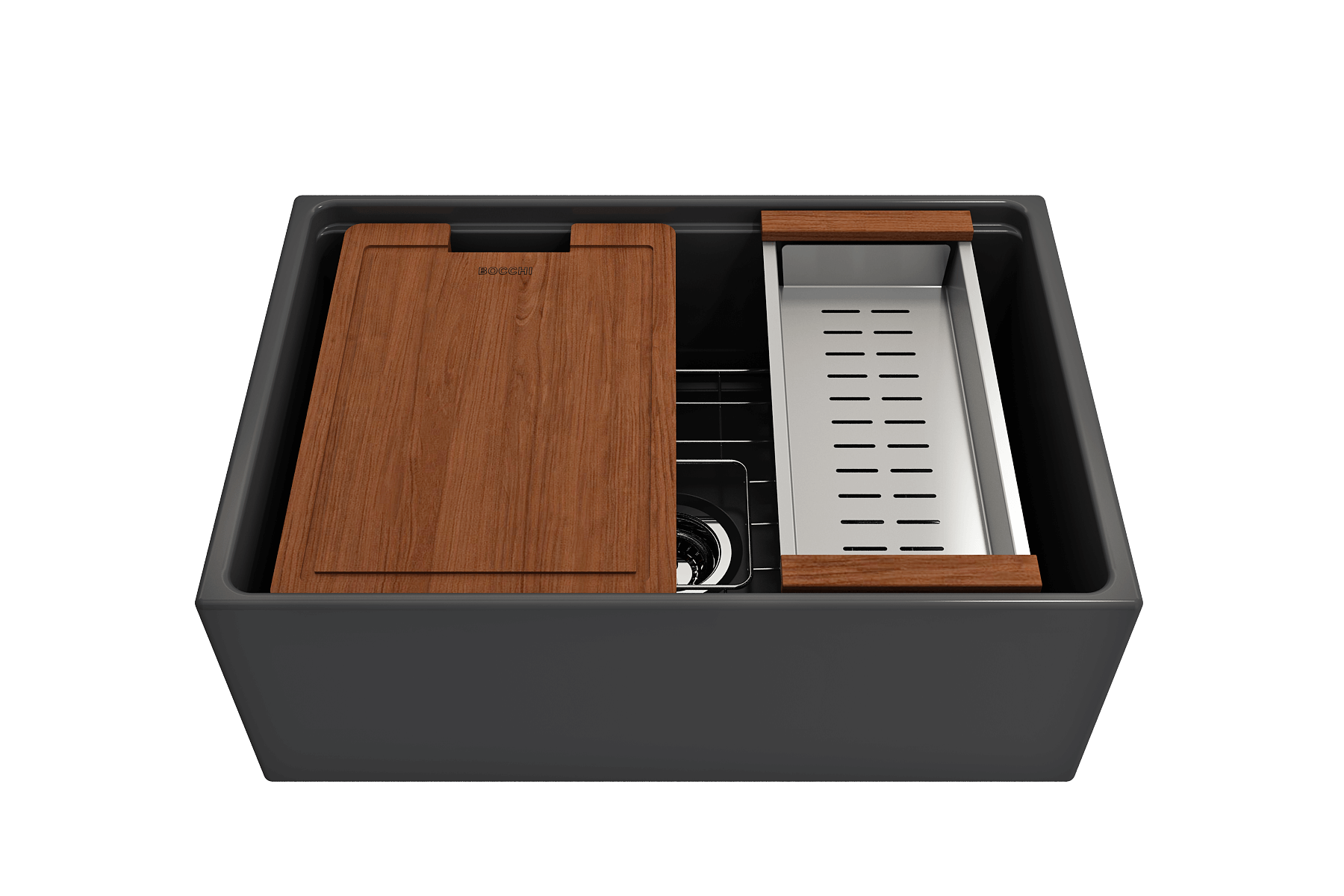 BOCCHI Contempo 27" Fireclay Workstation Farmhouse Sink Kit with Accessories, Matte Dark Gray, 1628-020-0120