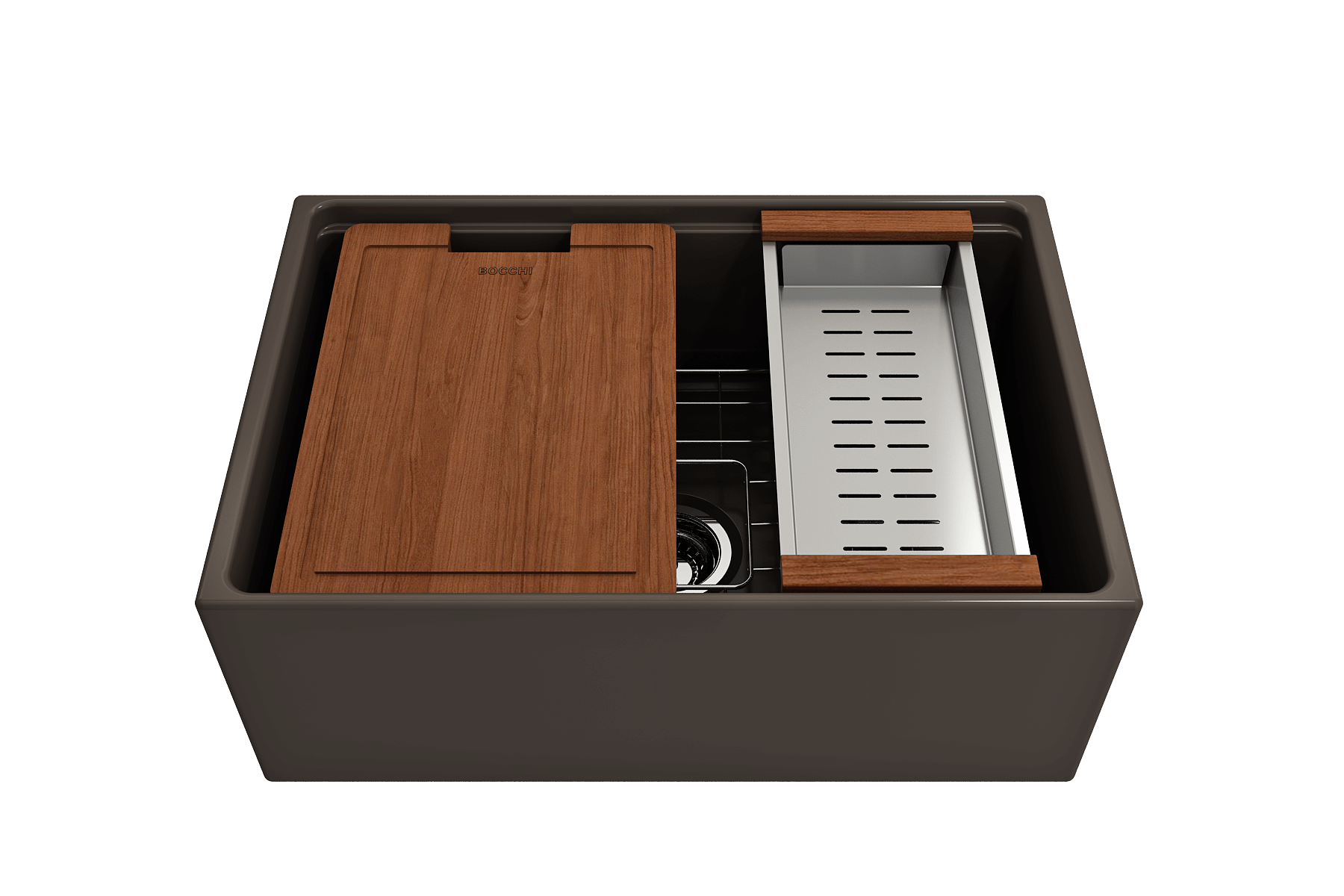 BOCCHI Contempo 27" Fireclay Workstation Farmhouse Sink Kit with Accessories, Matte Brown, 1628-025-0120
