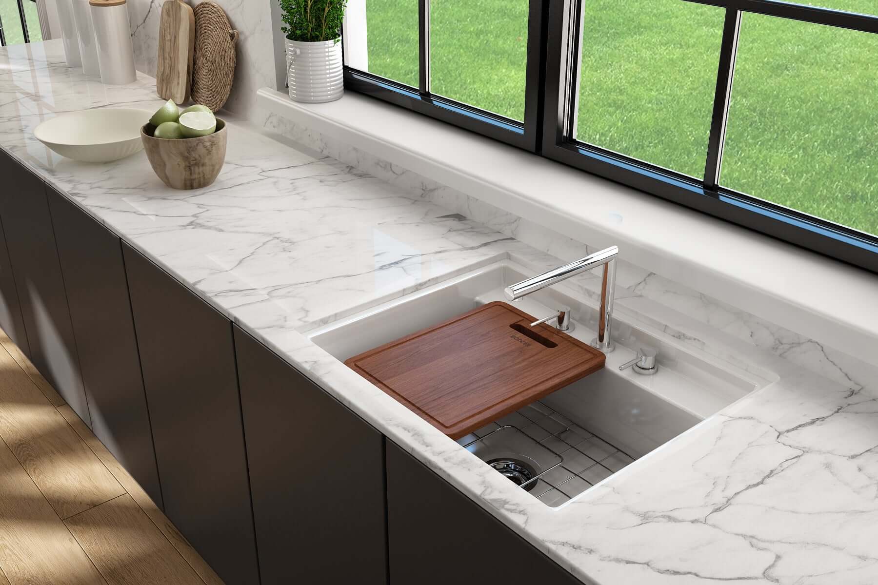 Alternate Image for BOCCHI Baveno Uno 27" Dual Mount Fireclay Workstation Kitchen Sink Kit with Accessories, White, 1633-001-0127