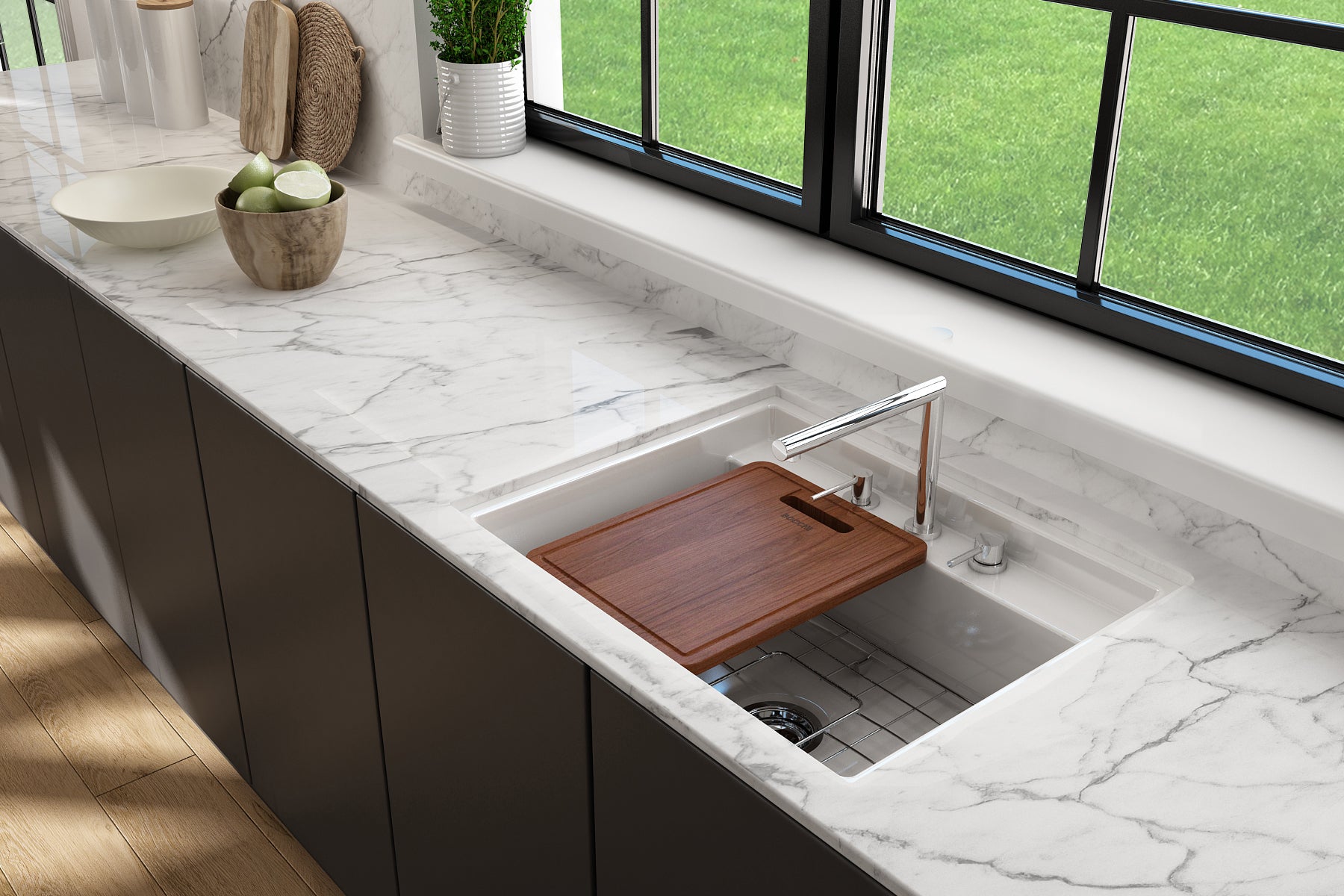 Alternate Image for BOCCHI Wooden Cutting Board for Baveno w/ Handle - Sapele Mahogany for 1633 (inner ledge), 1616 & 1618 sinks, 2320 0006