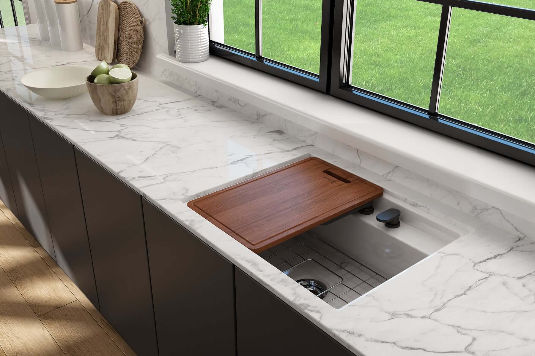 Alternate Image for BOCCHI Baveno Uno 27" Dual Mount Fireclay Workstation Kitchen Sink Kit with Accessories, White, 1633-001-0132