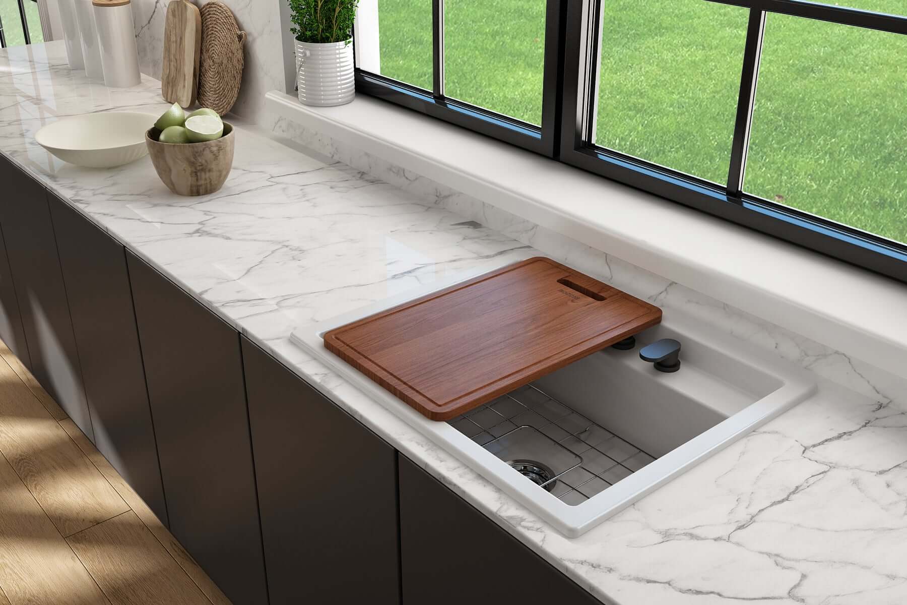 Alternate Image for BOCCHI Baveno Uno 27" Dual Mount Fireclay Workstation Kitchen Sink Kit with Accessories, Matte White, 1633-002-0132