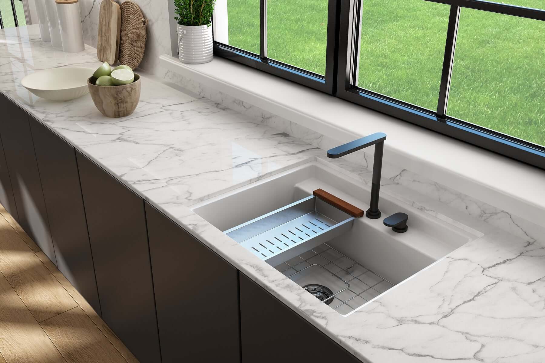 Alternate Image for BOCCHI Baveno Uno 27" Dual Mount Fireclay Workstation Kitchen Sink Kit with Accessories, Matte White, 1633-002-0132