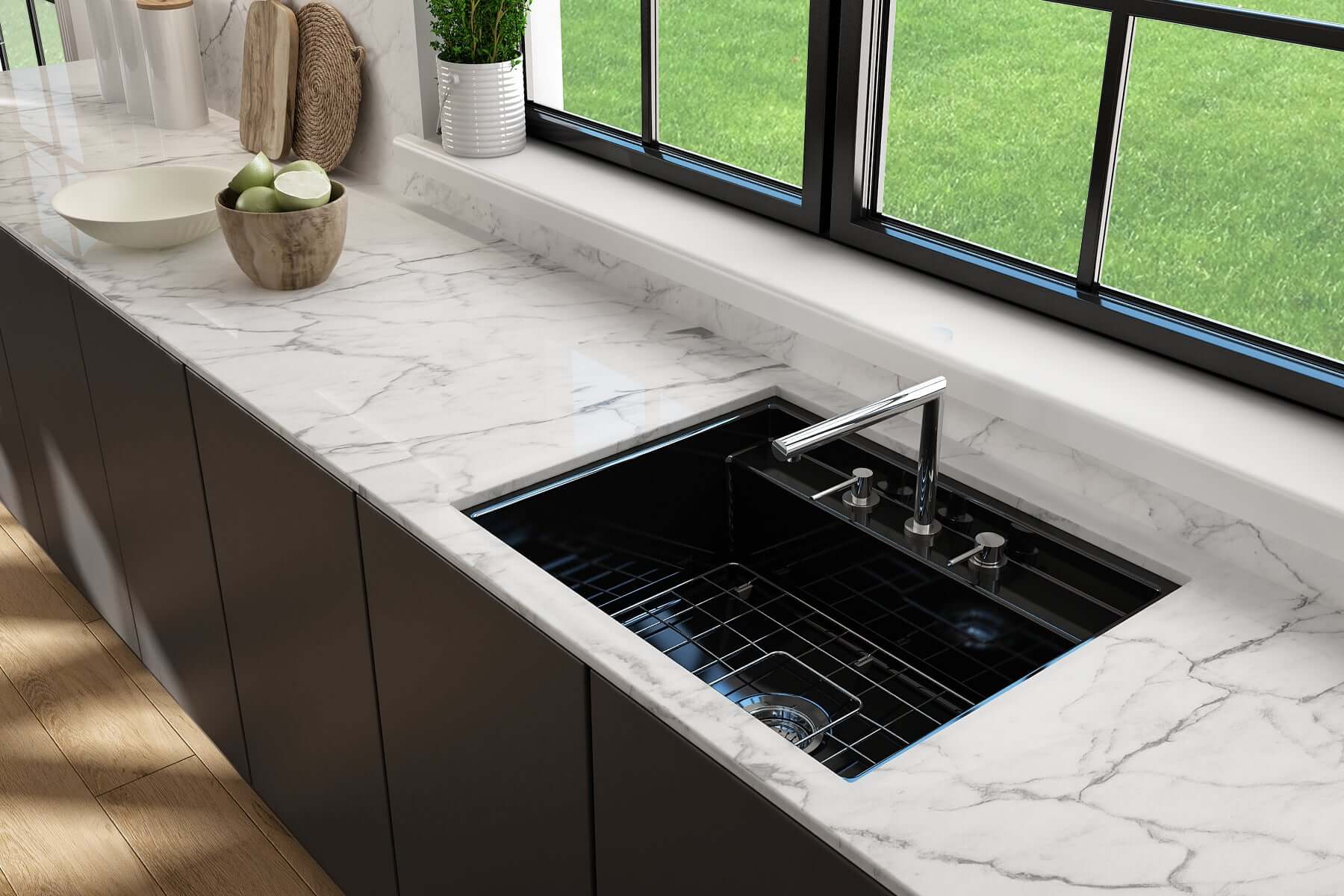 Alternate Image for BOCCHI Baveno Uno 27" Dual Mount Fireclay Workstation Kitchen Sink Kit with Accessories, Black, 1633-005-0127