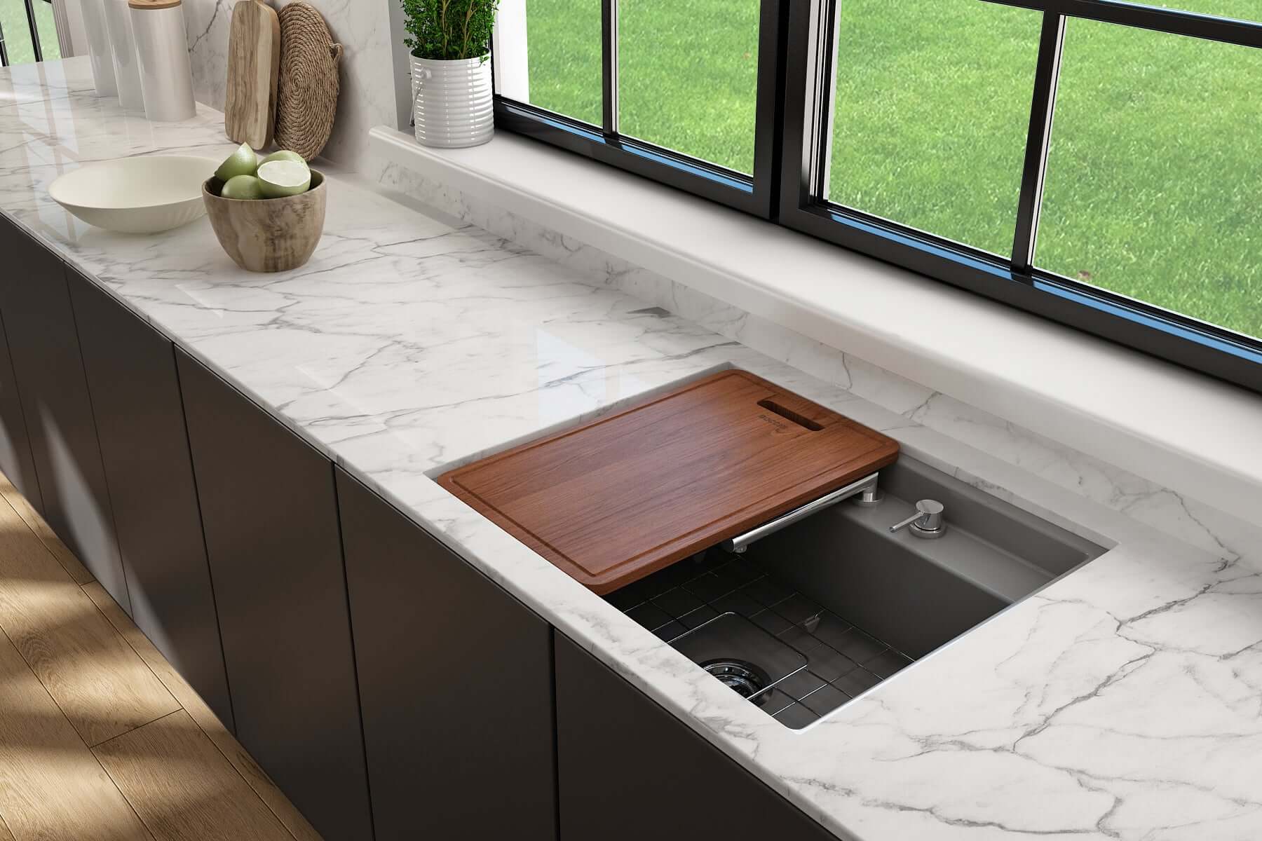 Alternate Image for BOCCHI Baveno Uno 27" Dual Mount Fireclay Workstation Kitchen Sink Kit with Accessories, Matte Gray, 1633-006-0127