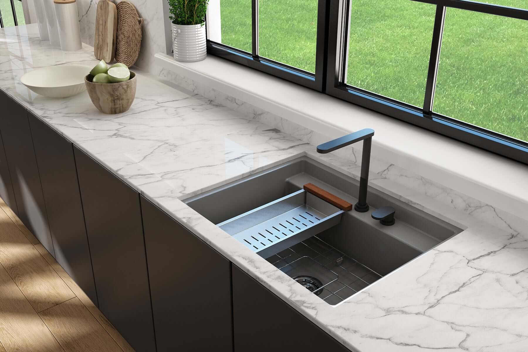 Alternate Image for BOCCHI Baveno Uno 27" Dual Mount Fireclay Workstation Kitchen Sink Kit with Accessories, Matte Gray, 1633-006-0132